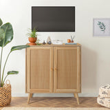 Garvee Gabinete Buffet con Almacenamiento con Puertas de Ratán para Pasillo y Sala, Madera Maciza, Estantes Ajustables, Color Natural