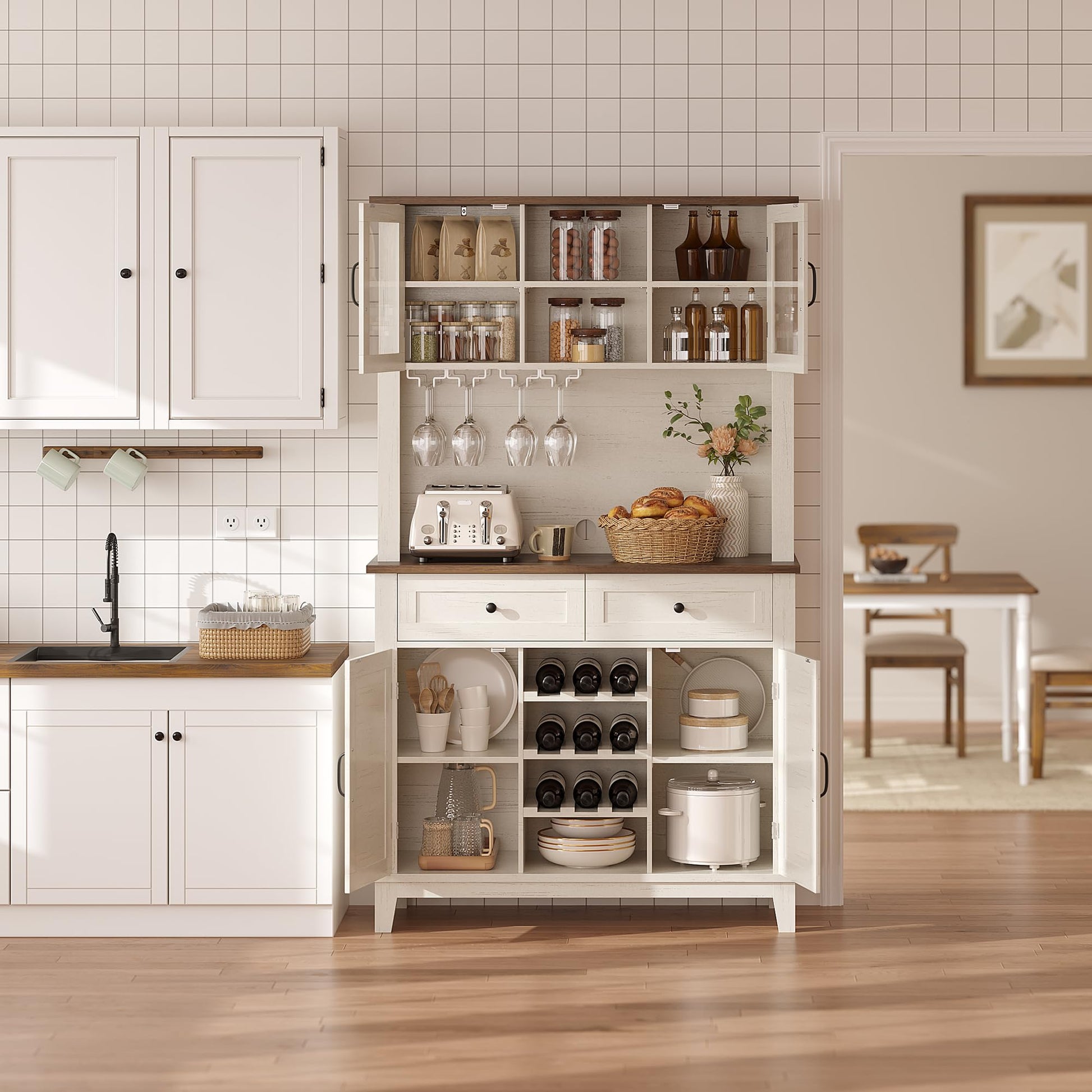 Mobile da cucina Garvee alto 72" con 4 ante, portabottiglie, cassetti, bianco, sala da pranzo, angolo bar, legno, ripiani regolabili