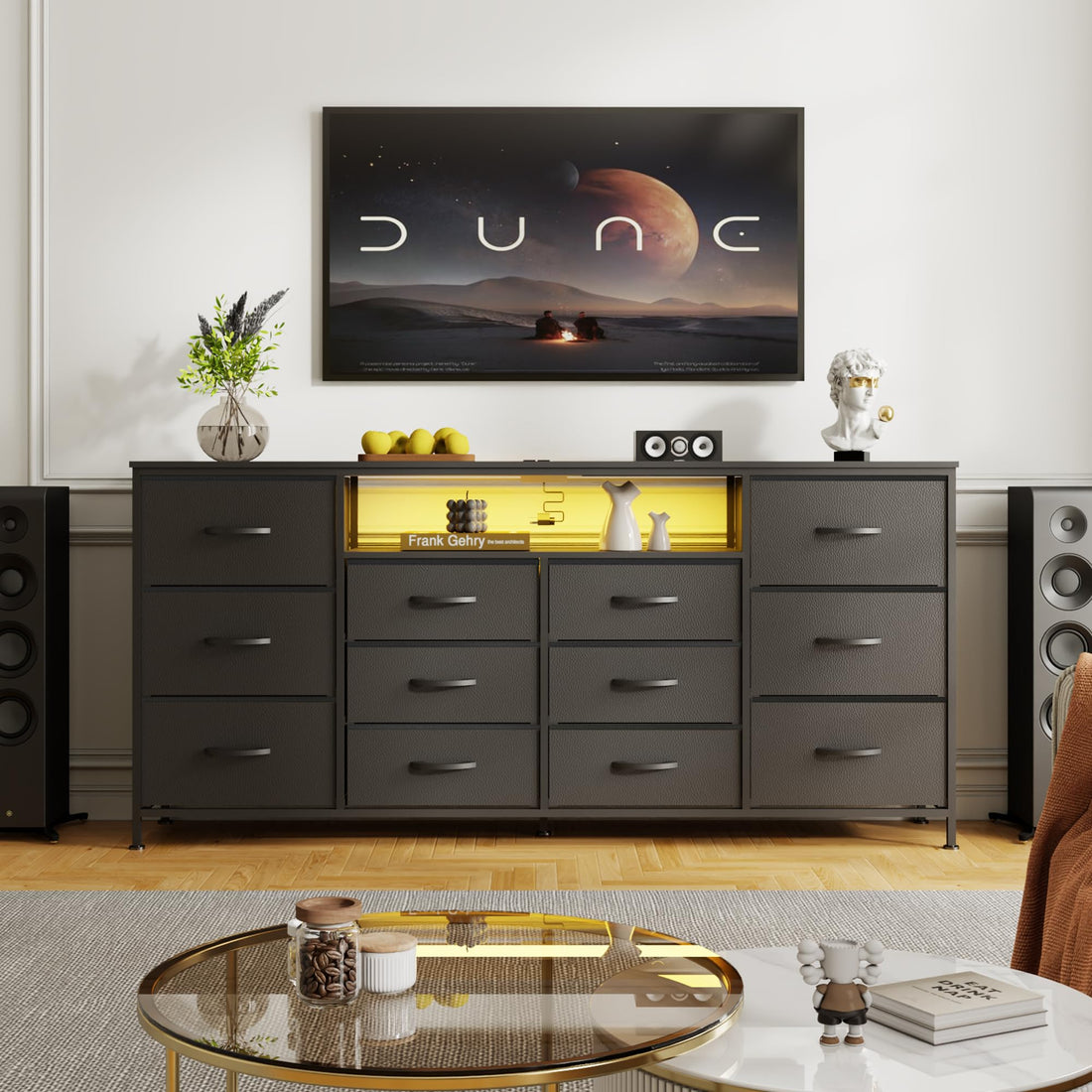 Mobile TV Garvee da 63" per TV da 65-75" con 12 cassetti, illuminazione a LED, tessuto, struttura in metallo per soggiorno e camera da letto