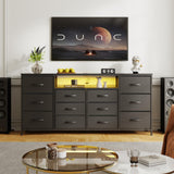 Mobile TV Garvee da 63" per TV da 65-75" con 12 cassetti, illuminazione a LED, tessuto, struttura in metallo per soggiorno e camera da letto - Nero