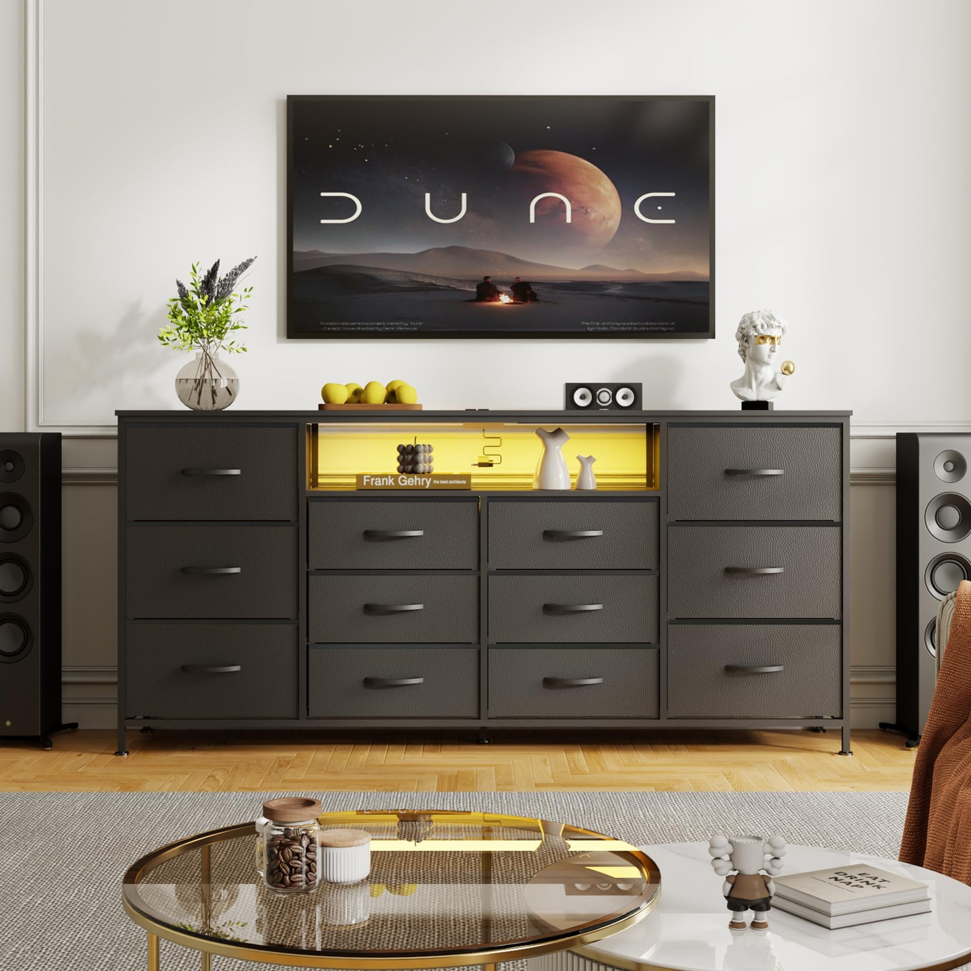 Mobile TV Garvee da 63" per TV da 65-75" con 12 cassetti, illuminazione a LED, tessuto, struttura in metallo per soggiorno e camera da letto