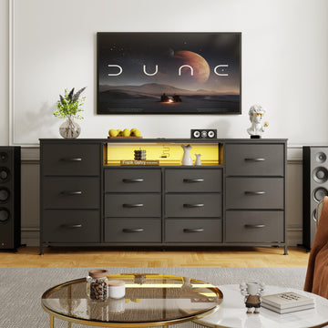 Mobile TV Garvee da 63" per TV da 65-75" con 12 cassetti, illuminazione a LED, tessuto, struttura in metallo per soggiorno e camera da letto