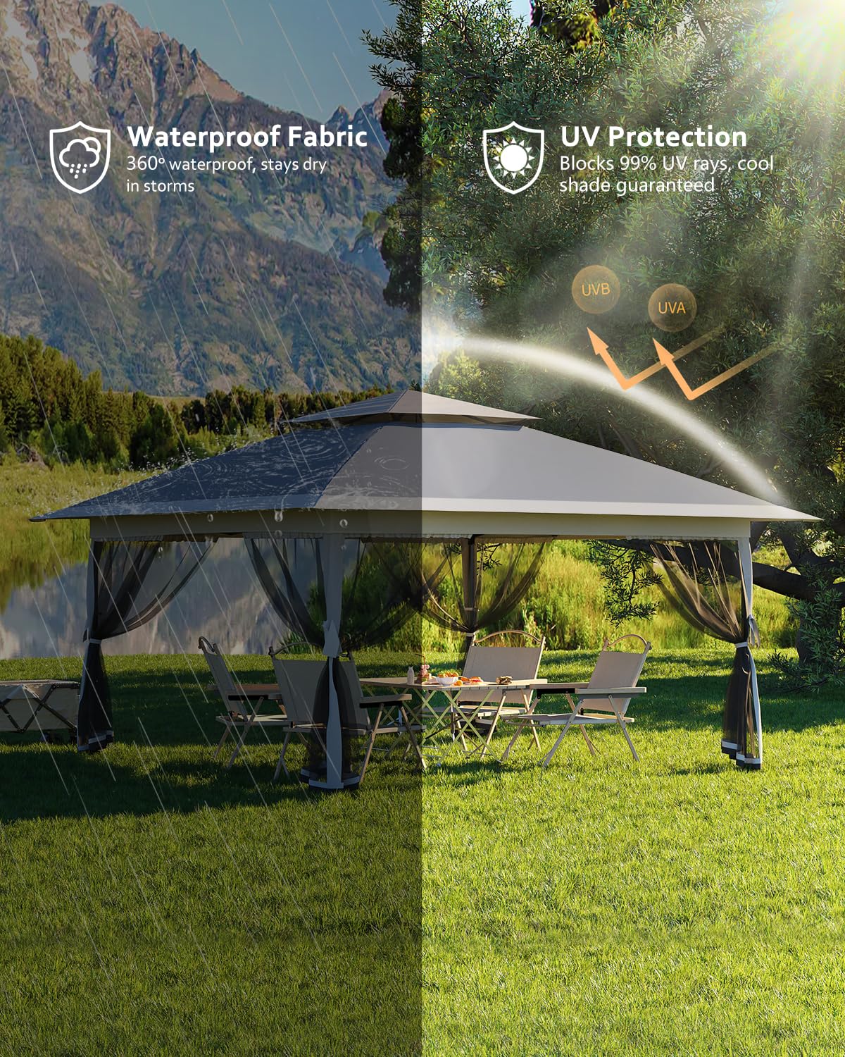 Tenda a baldacchino pop-up Garvee 12x12 con zanzariera, resistente ai raggi UV, altezza regolabile, struttura in acciaio, schermo per la privacy a 6 pannelli per giardino e patio, sacchi di sabbia inclusi