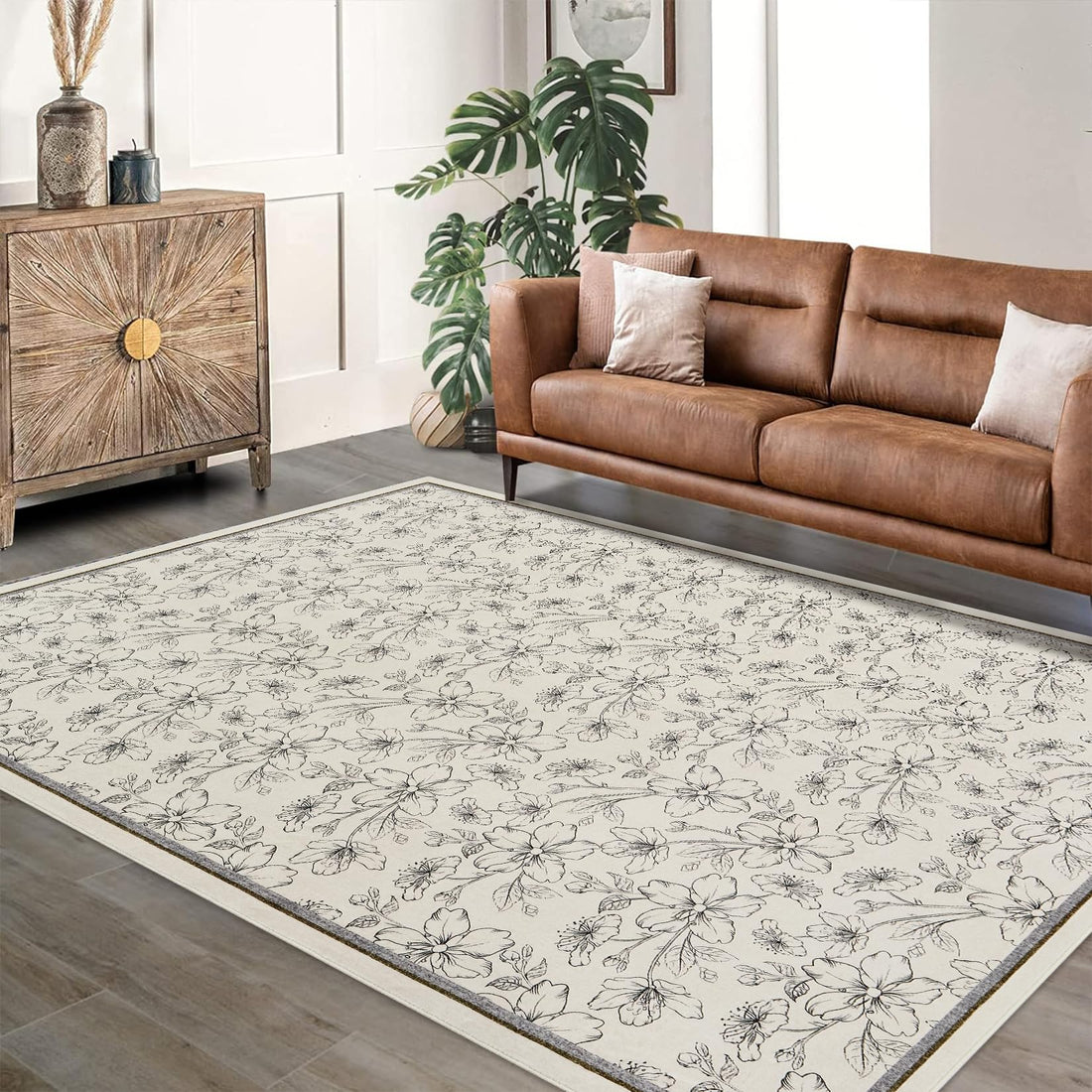Tappeto per soggiorno Garvee 160x230cm, lavabile, a pelo corto, antiscivolo, vintage, floreale, beige, per cucina, cameretta, corridoio, sala da pranzo