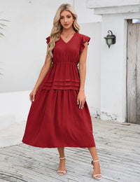 Abito estivo retrò alla moda da donna Garvee con maniche fluenti, elegante, rosso vino, taglia M