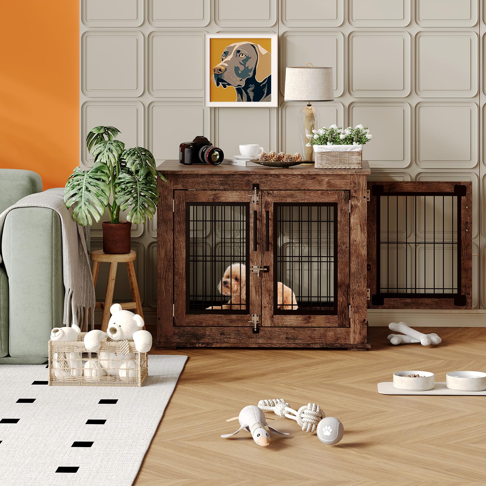 Tavolino da salotto Garvee Farmhouse per trasportino per cani con doppie ante, impermeabile, anti-masticazione per cani di piccola e media taglia, stile rustico, soggiorno, 31,5x23,6x26 pollici
