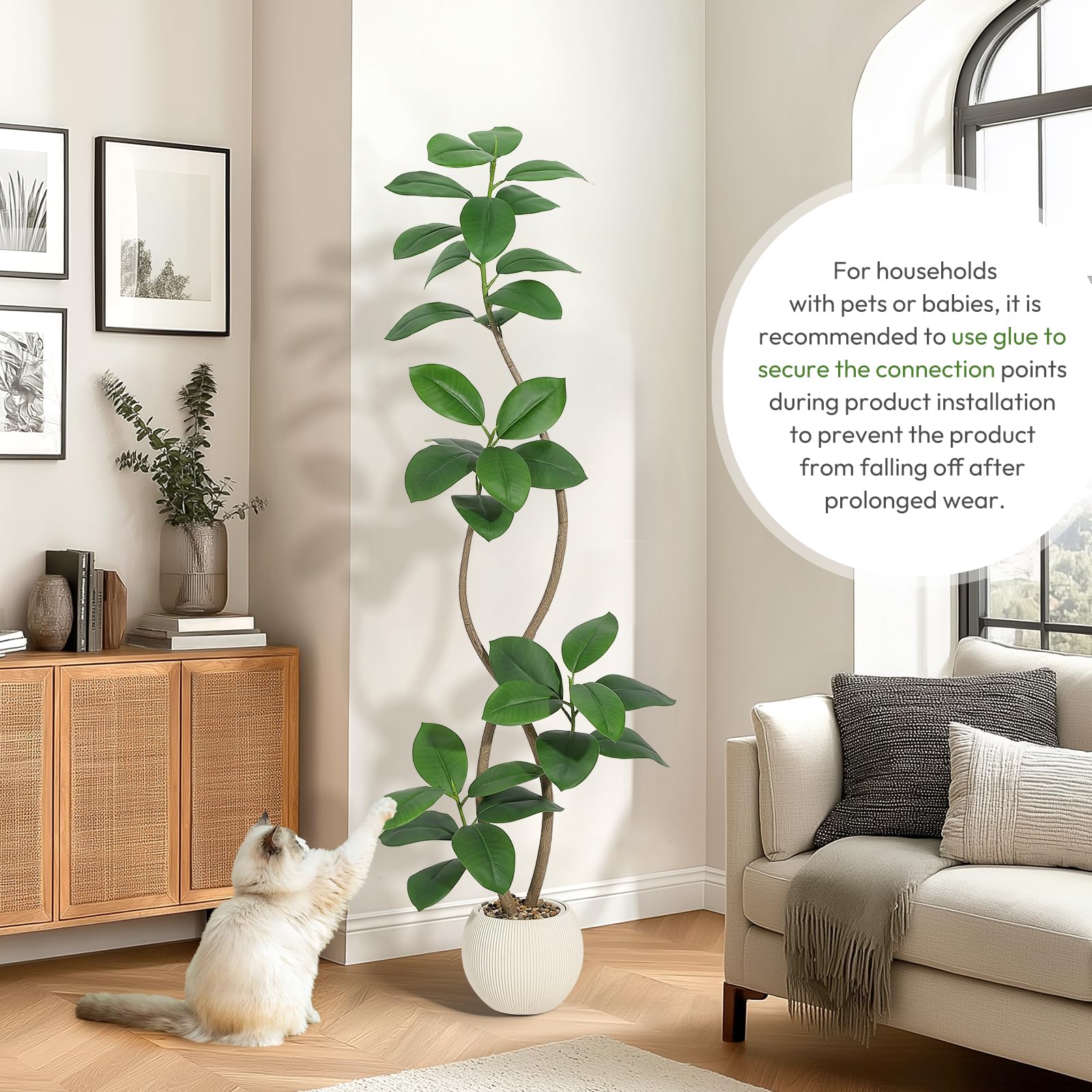 Albero di gomma artificiale Garvee da 6 piedi con fioriera in resina a sfera bianco sporco per soggiorno e ufficio, resistente ai raggi UV, foglie realistiche, durevole, beige