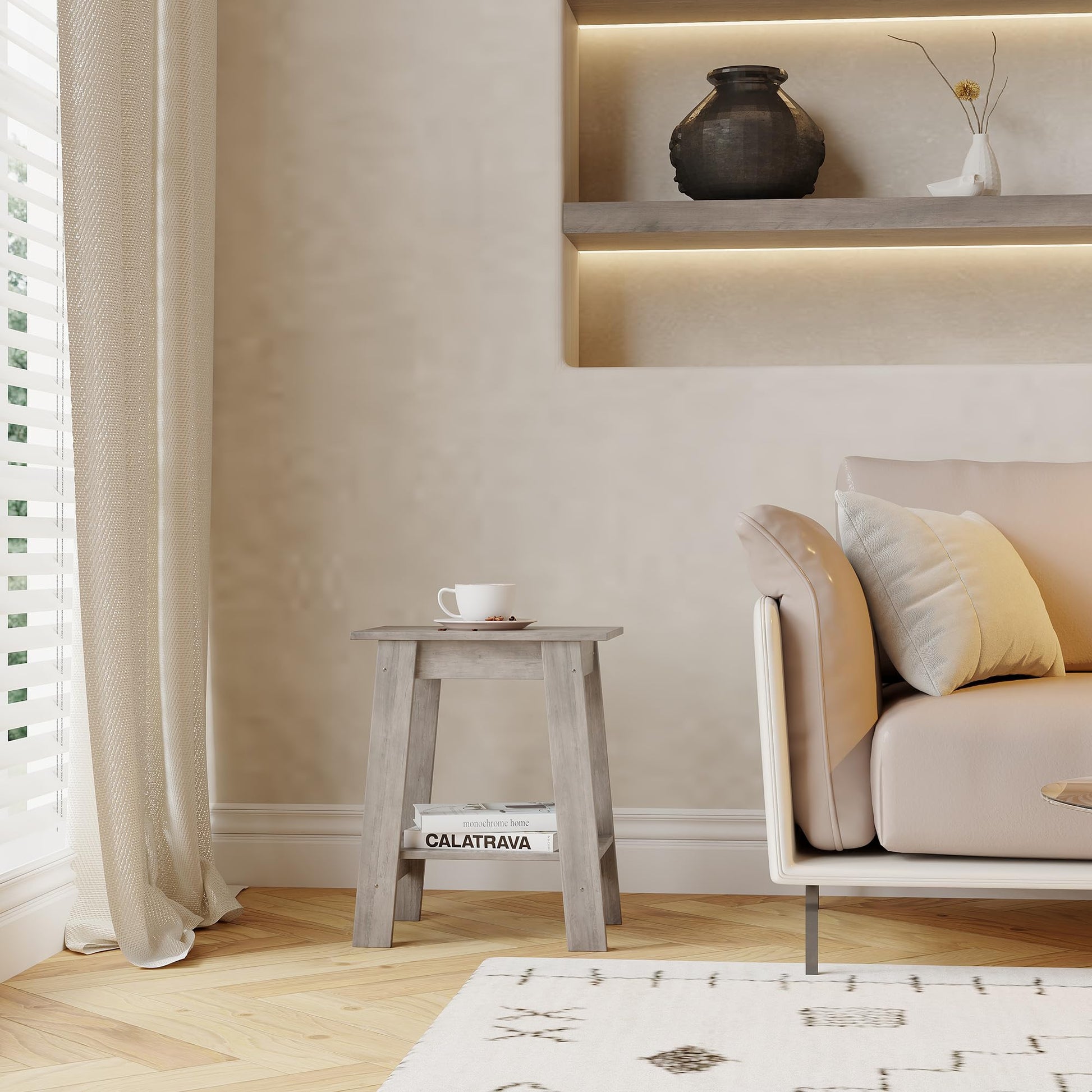 Tavolino laterale Garvee Farmhouse con contenitore, rustico, 2 ripiani, legno impermeabile, robusto, compatto, grigio per soggiorno e camera da letto