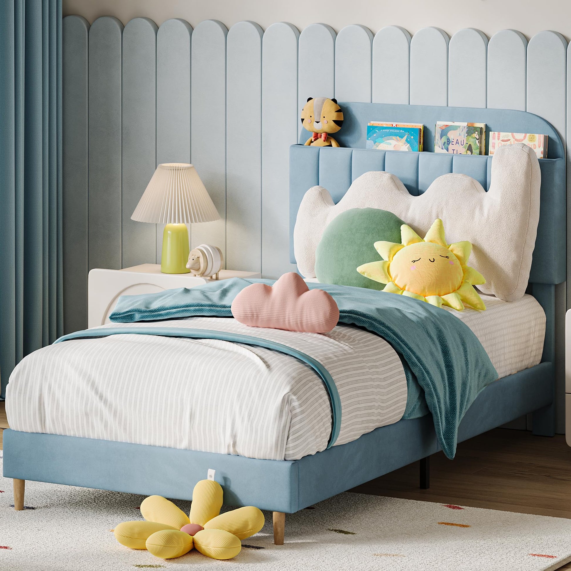 Struttura per letto singolo Garvee con libreria, velluto, robusta struttura in acciaio, silenziosa, blu per cameretta dei bambini