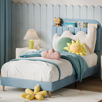 Struttura per letto singolo Garvee con libreria, velluto, robusta struttura in acciaio, silenziosa, blu per cameretta dei bambini