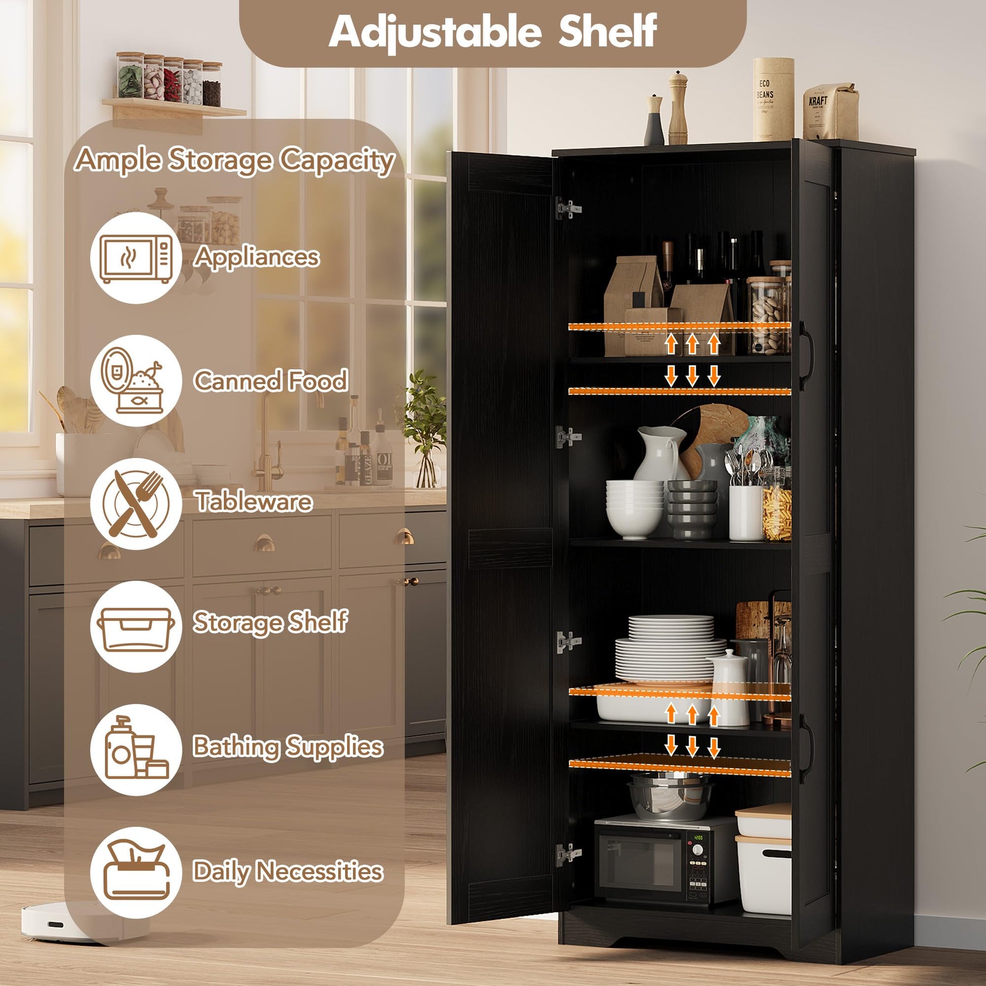 Mobile dispensa alto Garvee da 152.4 cm con 2 ante, ripiani regolabili, legno P2, maniglie in metallo, nero, per cucina e bagno, indipendente, 59.9 cm L x 30.2 cm P x 152.4 cm A