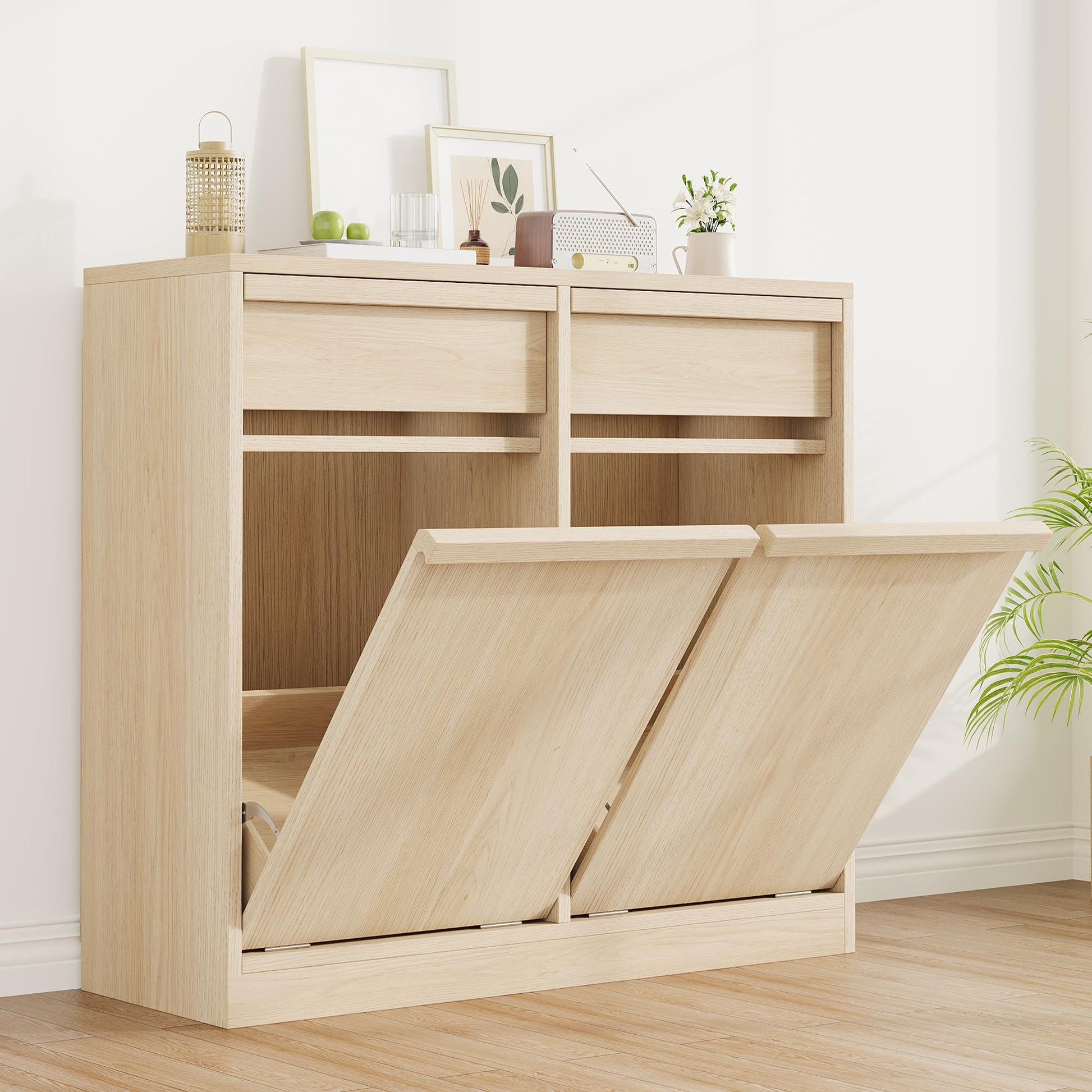 Pattumiera Garvee Modern da 37.85 L, a prova di animali domestici, in legno, autoportante per cucina e soggiorno, salvaspazio, sistema di inclinazione