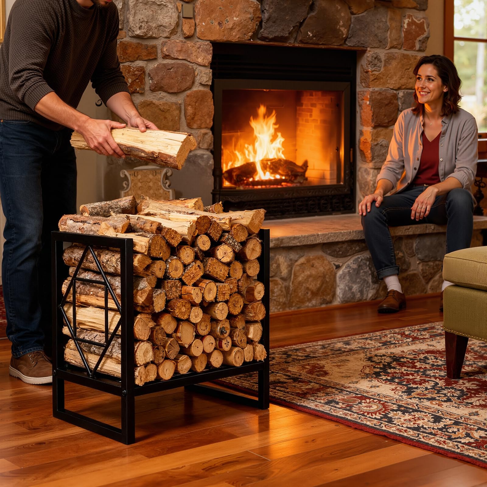 Garvee Portalegna in metallo piccolo, nero, compatto, per camino e patio, per interni ed esterni