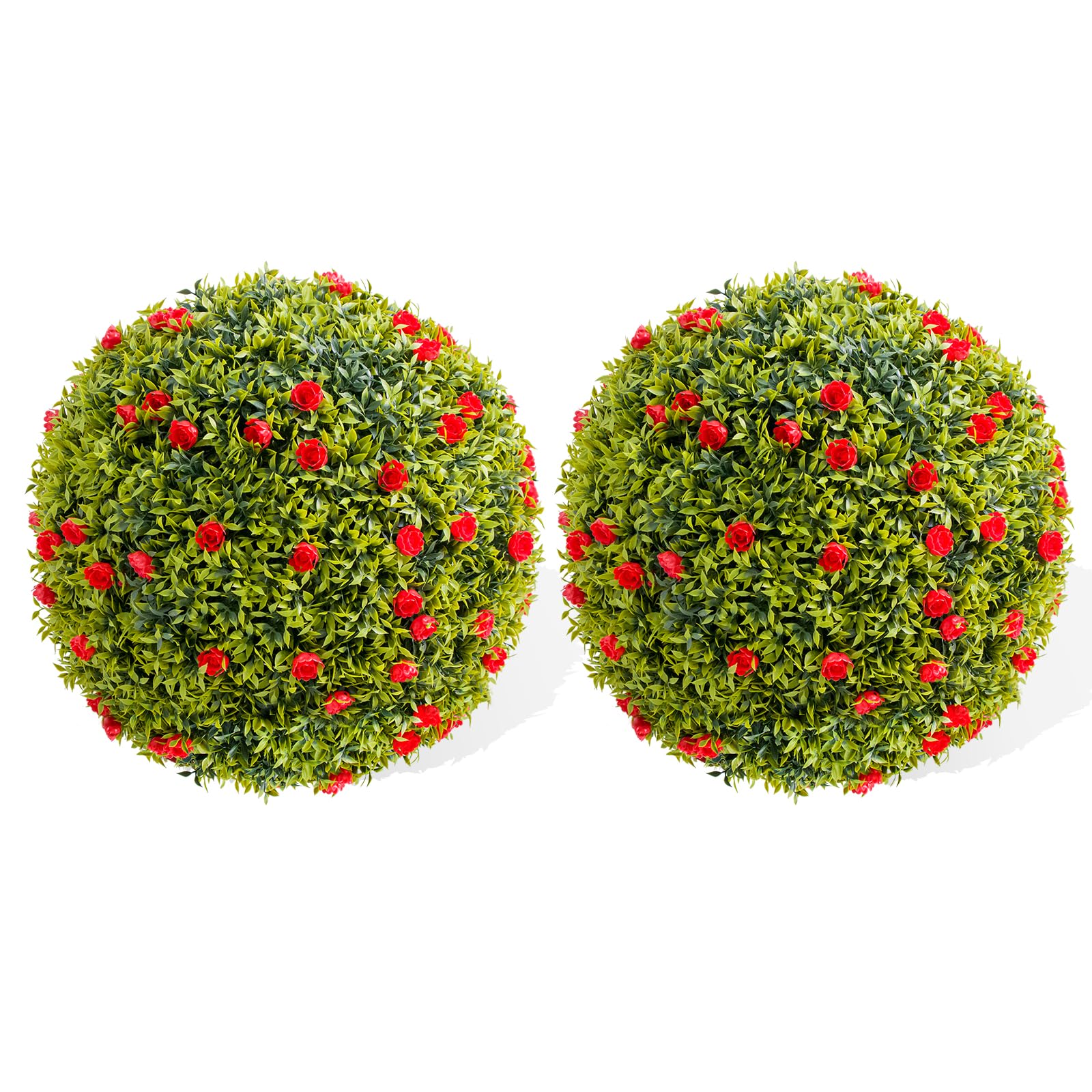 Palla di bosso artificiale Garvee da 16,5" con fiori rossi, resistente alle intemperie, facile da pulire, materiale PE per balcone e giardino