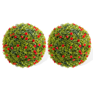 Palla di bosso artificiale Garvee da 16,5" con fiori rossi, resistente alle intemperie, facile da pulire, materiale PE per balcone e giardino