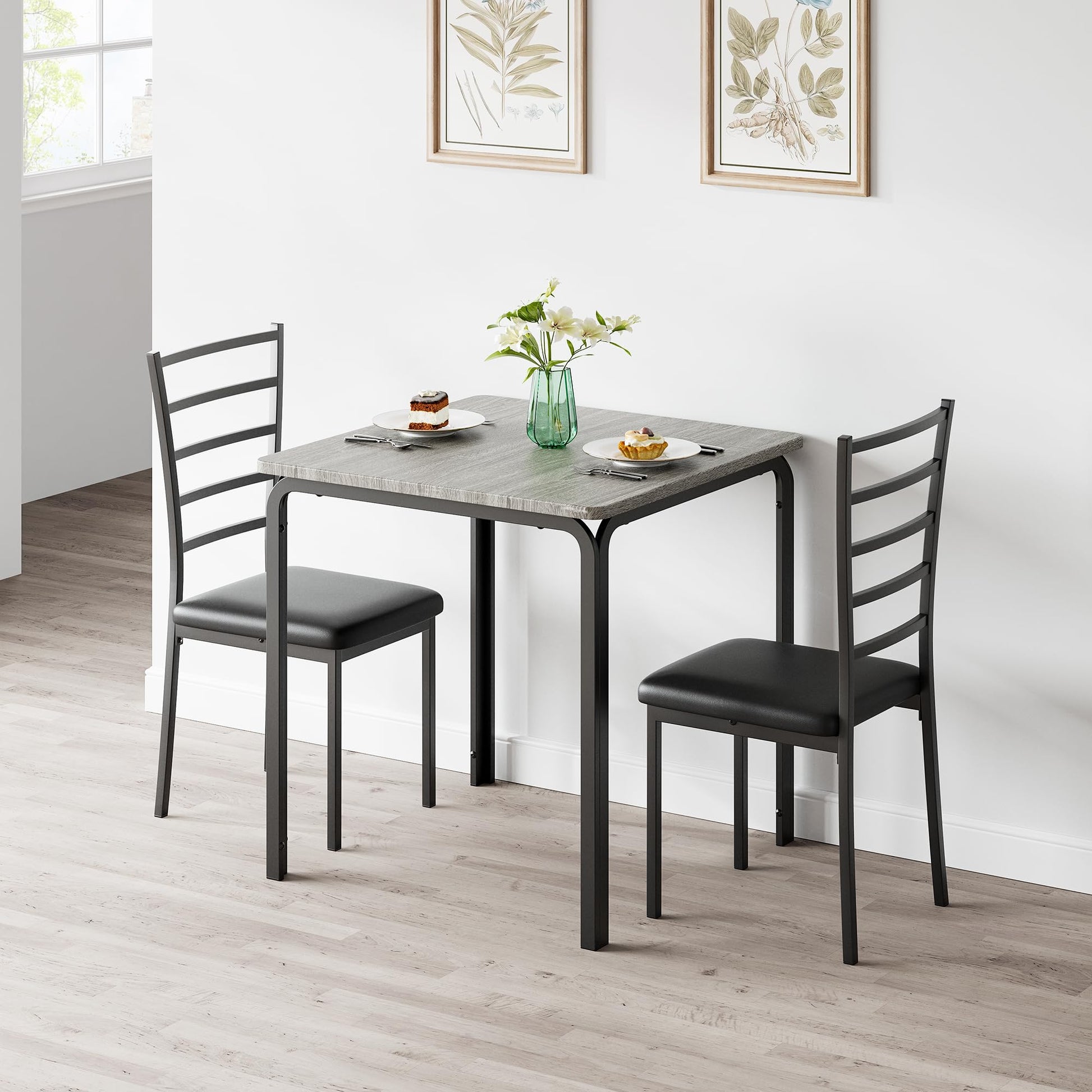 Set da pranzo Garvee da 3 pezzi con 2 sedie imbottite per piccoli spazi, cucina e ufficio, tavolo da cucina quadrato in rovere, robusto e salvaspazio