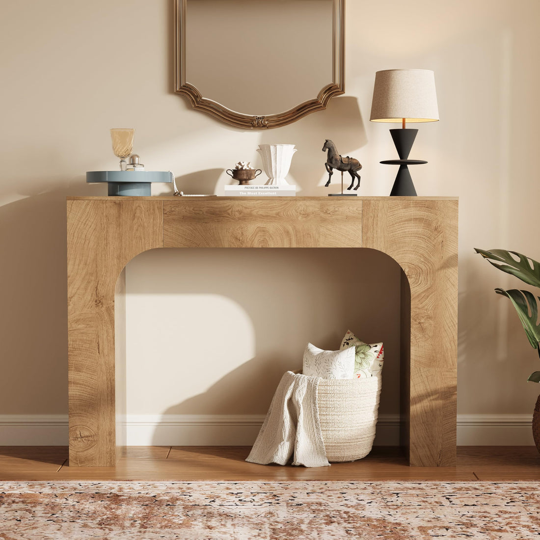 Consolle Garvee, in legno, lunga 120 cm, tavolino da divano, tavolino da ingresso, stile country, rovere scuro