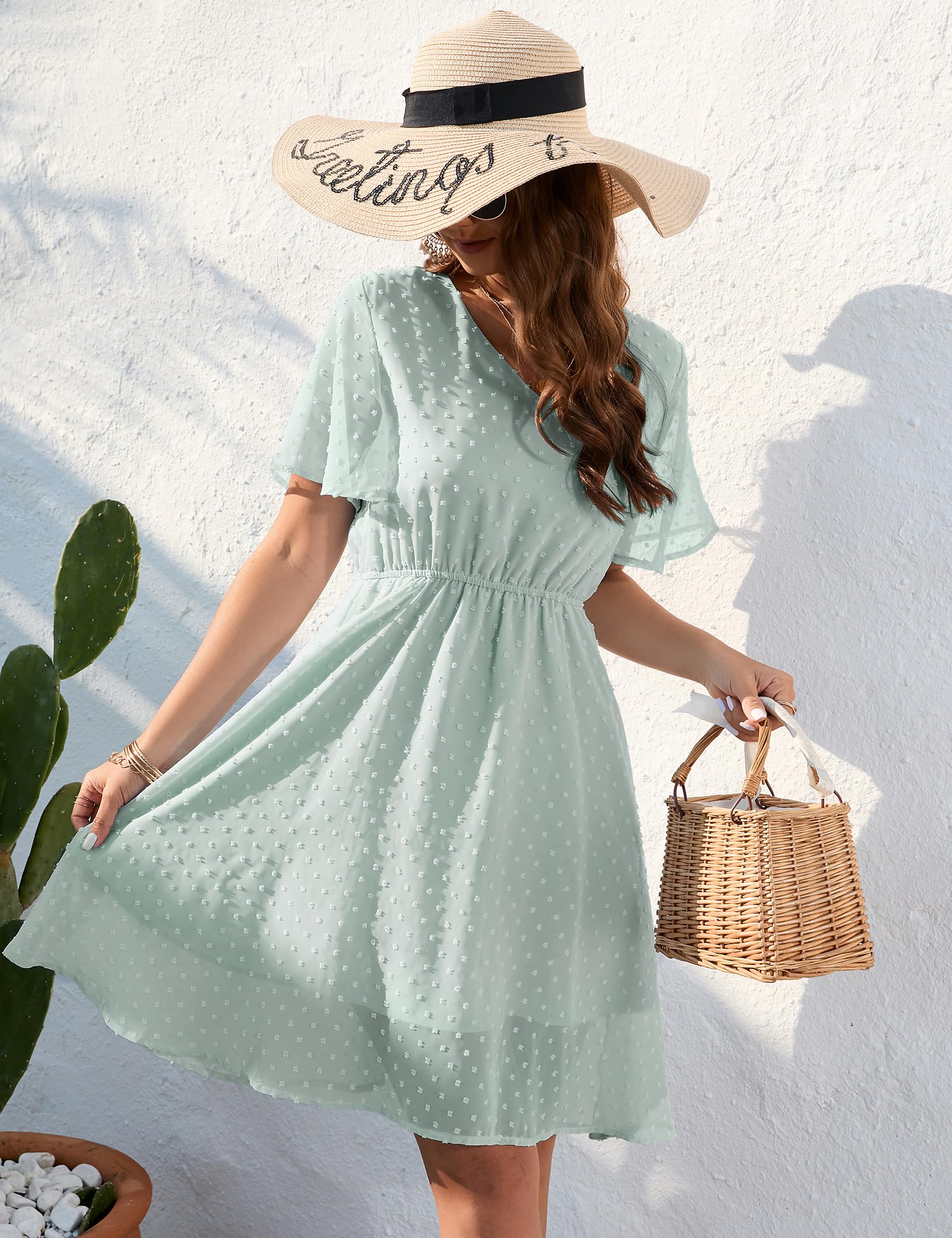 Garvee Donna Elegante Mini Abito con Vita Alta, Scollo a V, Maniche Corte, Abito da Spiaggia a Trapezio, Balza in Tulle, Verde, XXL