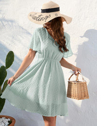 Garvee Donna Elegante Mini Abito con Vita Alta, Scollo a V, Maniche Corte, Abito da Spiaggia a Trapezio, Balza in Tulle, Verde, XXL