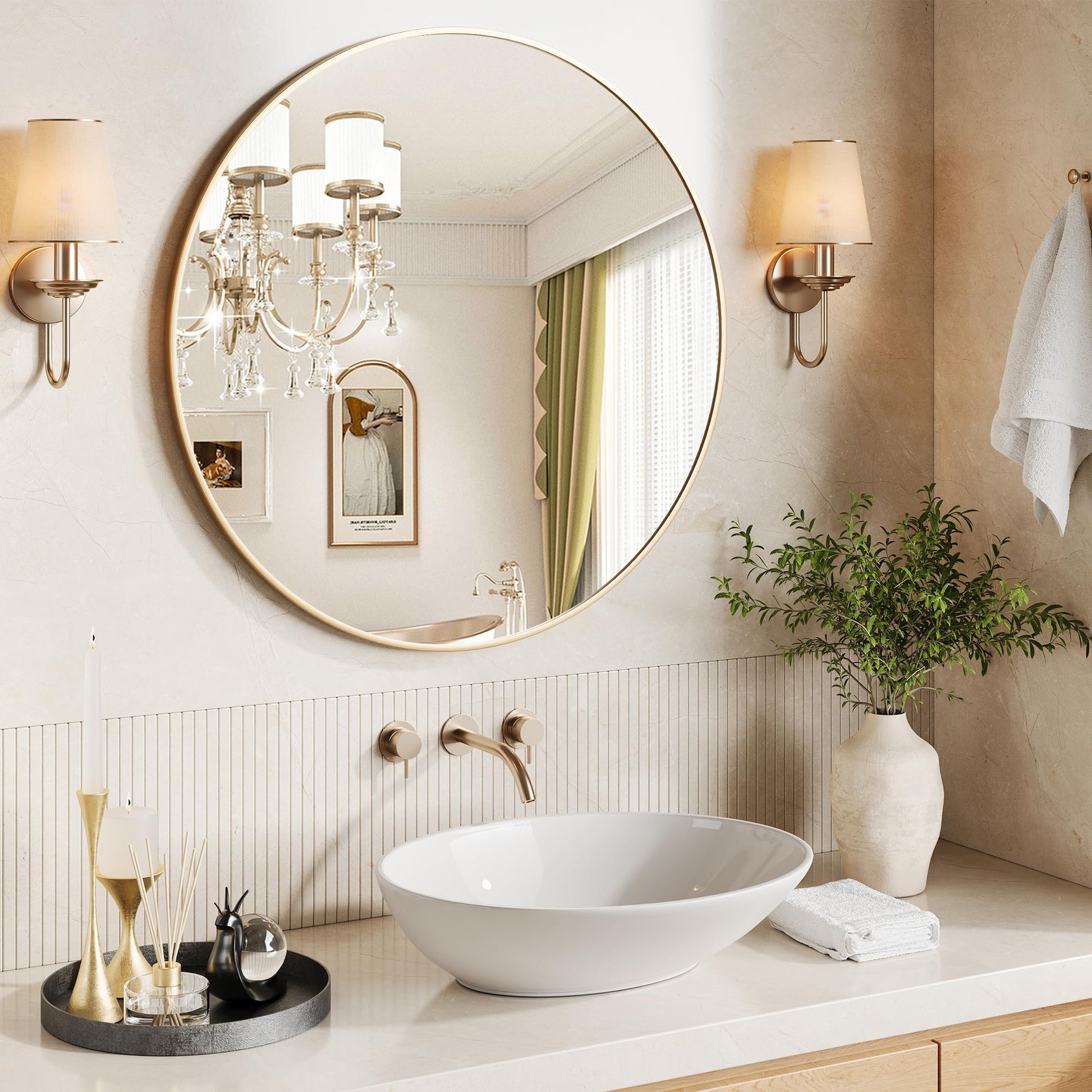 Specchio da parete rotondo Garvee da 36" color oro, cornice in metallo color oro opaco, per bagno e soggiorno, cerchio grande, vetro HD ecologico