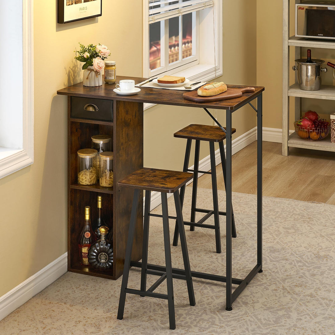 Set tavolo e sedie da bar Garvee con triplo spazio di archiviazione, set da bistrot per 2 persone, robusta struttura in ferro, piano in MDF, cuscini ergonomici, compatto per cucina e bistrot