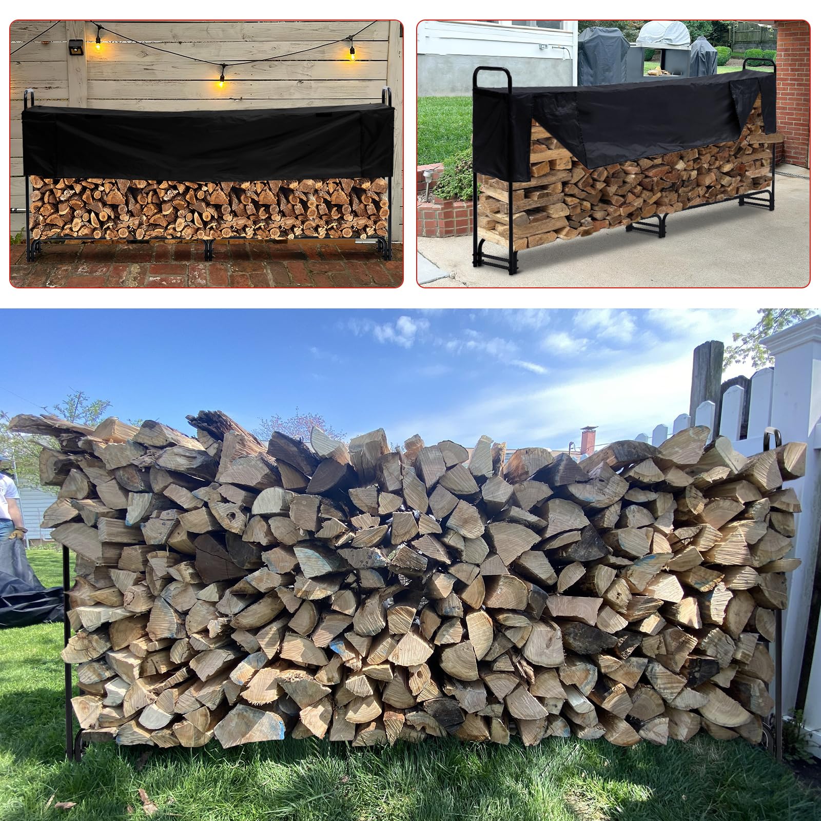 Portalegna da esterno Garvee da 8,5 piedi con copertura, capacità di 1/2 cavo, patio e giardino, acciaio, impermeabile, ventilato, doppi supporti, nero