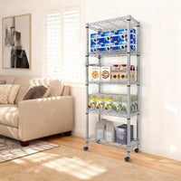 Scaffale portaoggetti in metallo Garvee, 5 ripiani con ruote, capacità di carico 1100 libbre, ripiani in filo metallico regolabili, acciaio, argento, per cucina e garage, 61 A x 23,6 P x 11,8 L