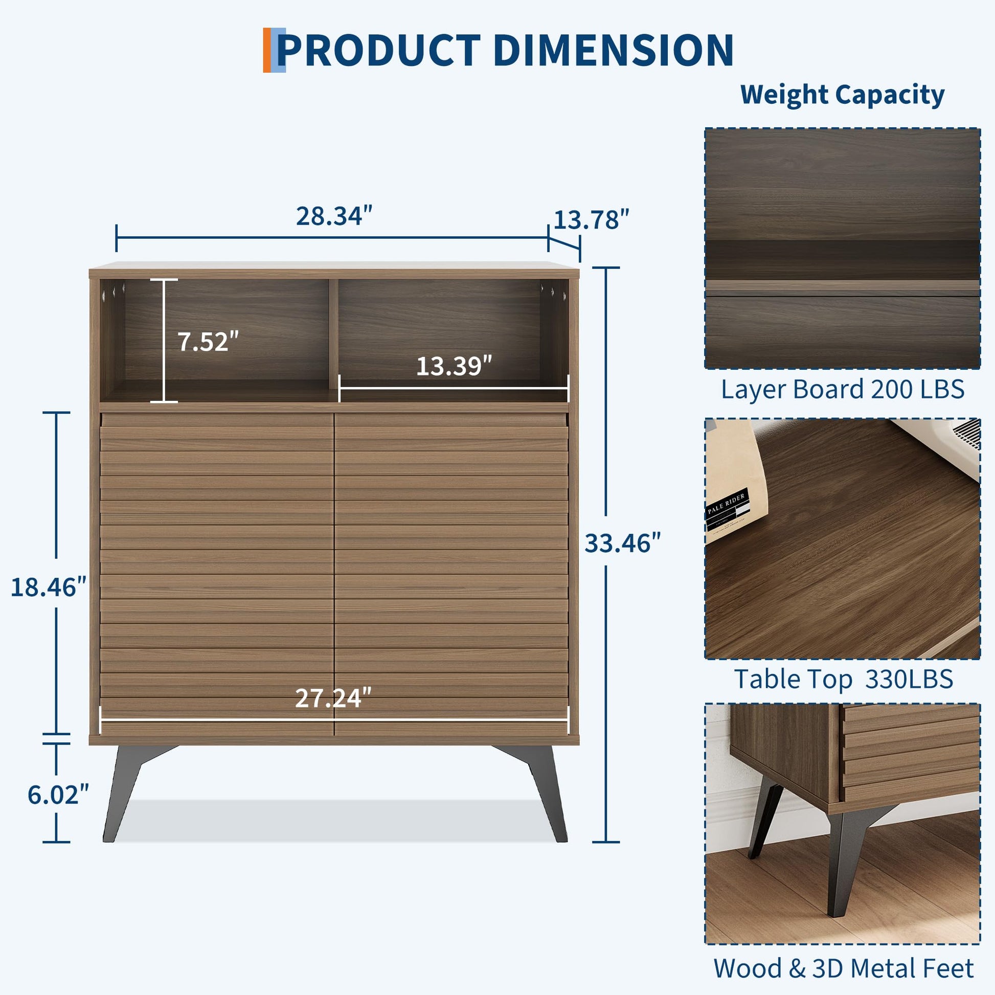 Credenza con ante scanalate Garvee, con ripiani regolabili, per soggiorno, cucina, corridoio, struttura in legno, gambe 3D, gambe in metallo