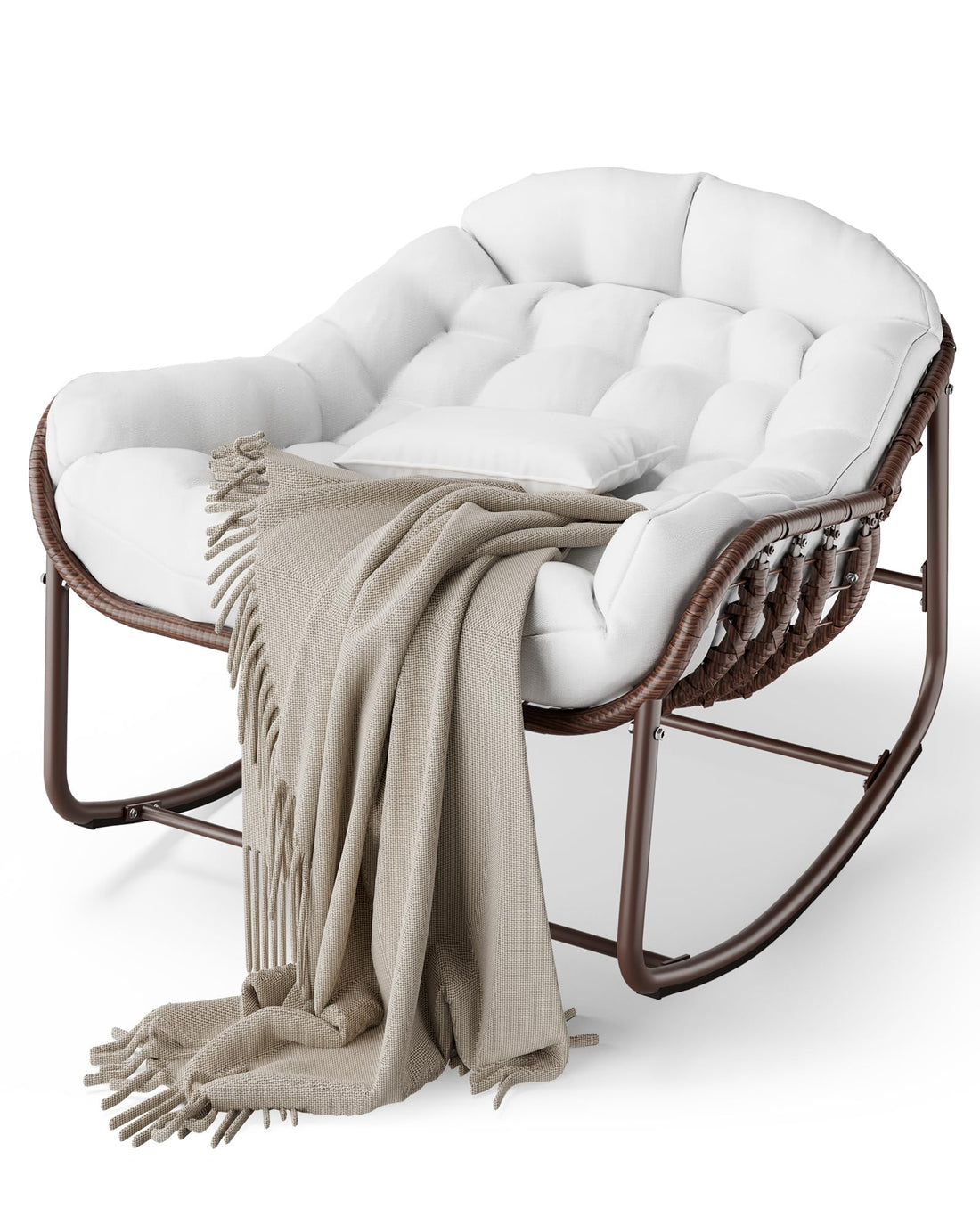 Sedia a dondolo da esterno Garvee Papasan, in vimini, con cuscino e struttura in metallo, per balcone, giardino, soggiorno, ergonomica, resistente alle intemperie, in rattan, in textilene resistente ai raggi UV