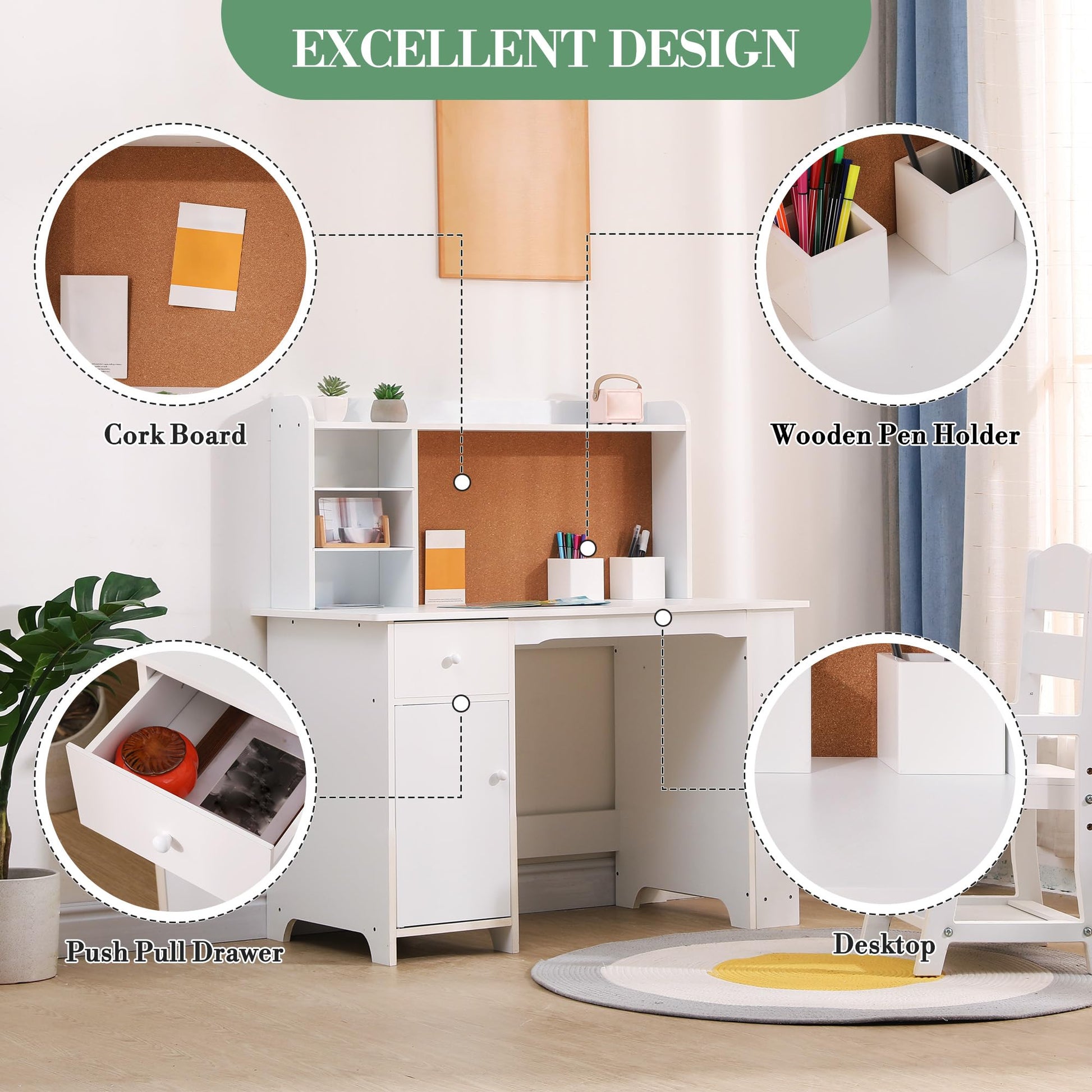 Set da scrivania per bambini Garvee con ripiano, lavagna magnetica, cassetto per ragazzi e ragazze, età 3-8 anni, bianco, sala studio