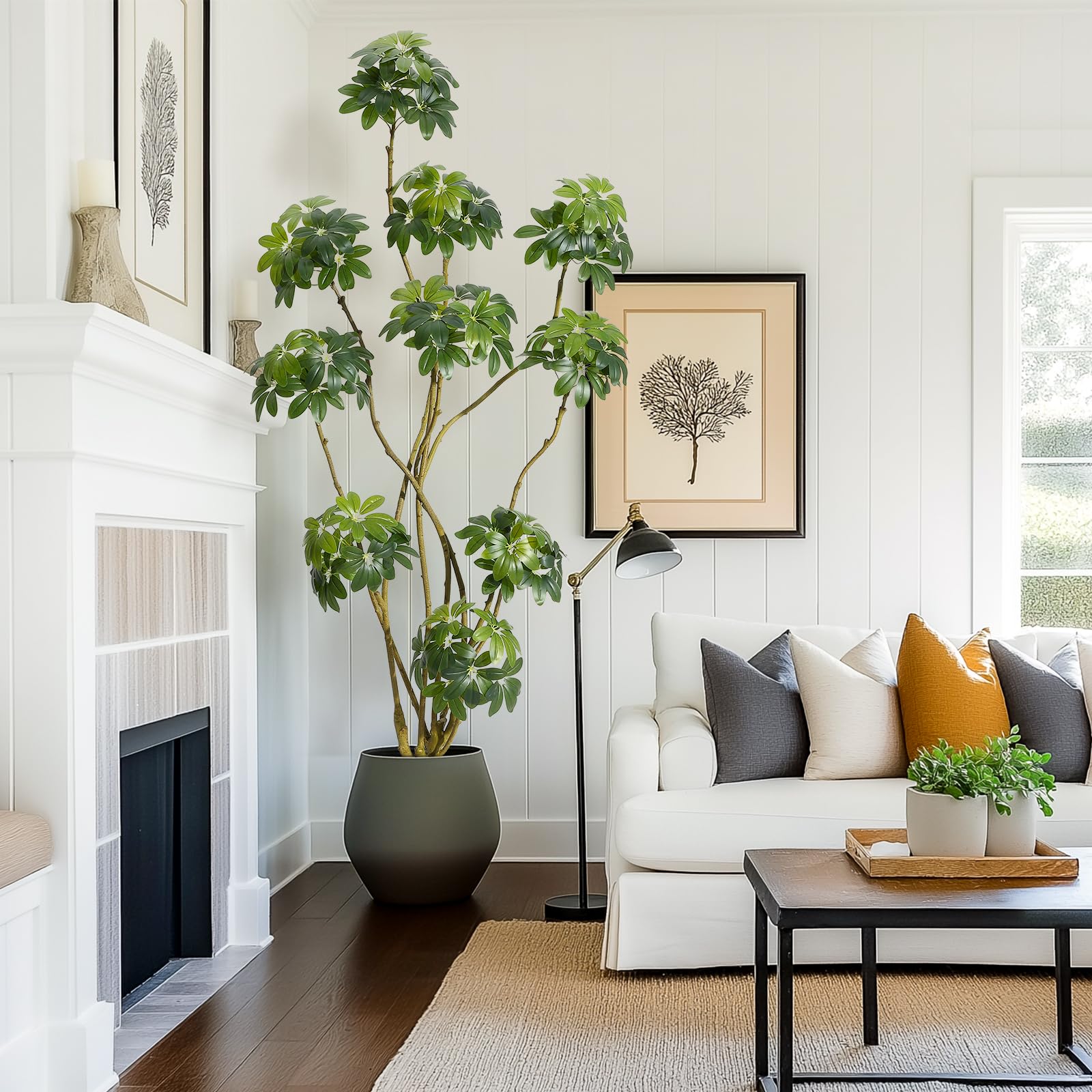 Garvee, albero artificiale da interni alto 7 piedi, ombrellone multi-stelo Schefflera bianco, fioriera in PE, stabile e facile da curare, per casa e ufficio