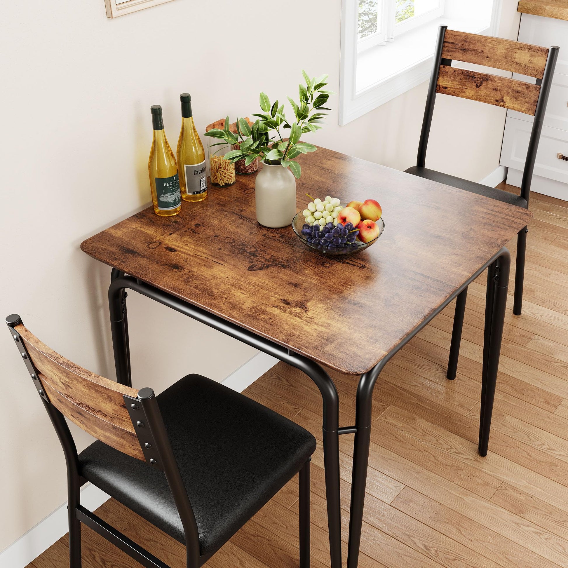 Tavolo da pranzo Garvee per 2 persone con 2 sedie imbottite, set vintage quadrato, piano in MDF, struttura in metallo robusto, cucina e sala da pranzo, salvaspazio
