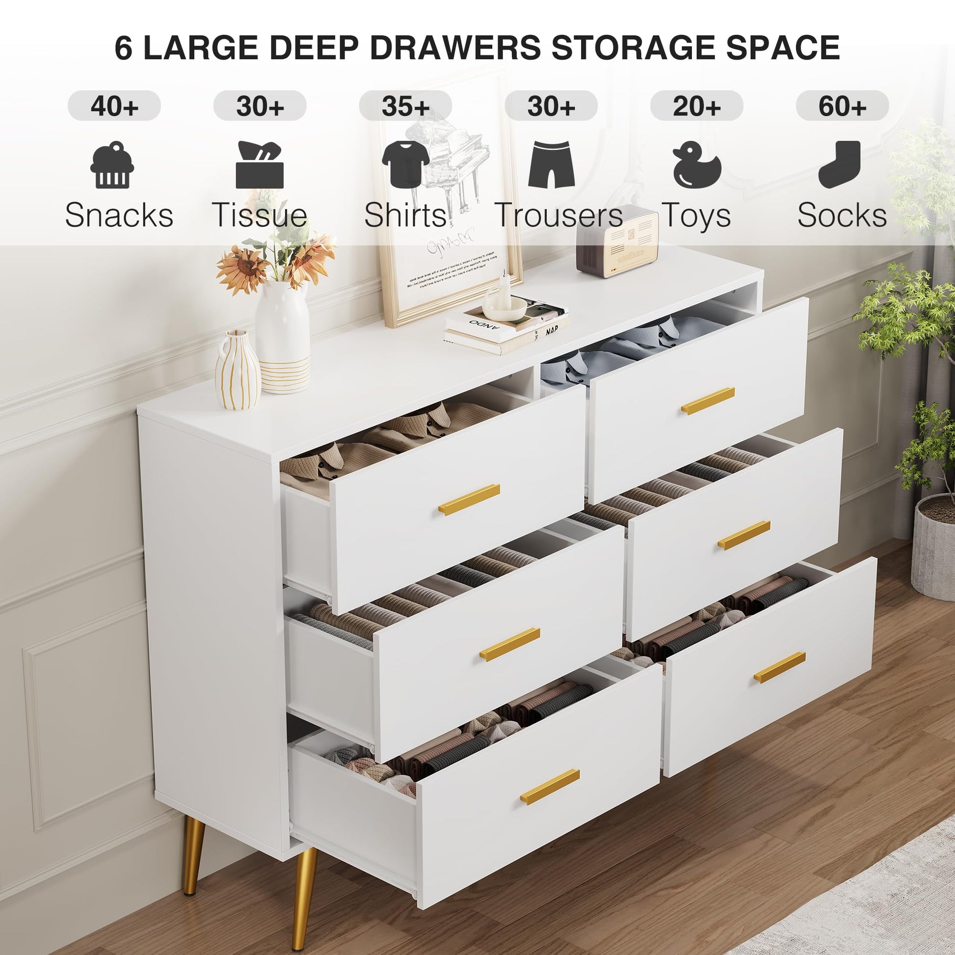 Cassettiera moderna Garvee bianca a 6 cassetti con maniglie dorate per camera da letto e soggiorno, robusta, spaziosa, elegante