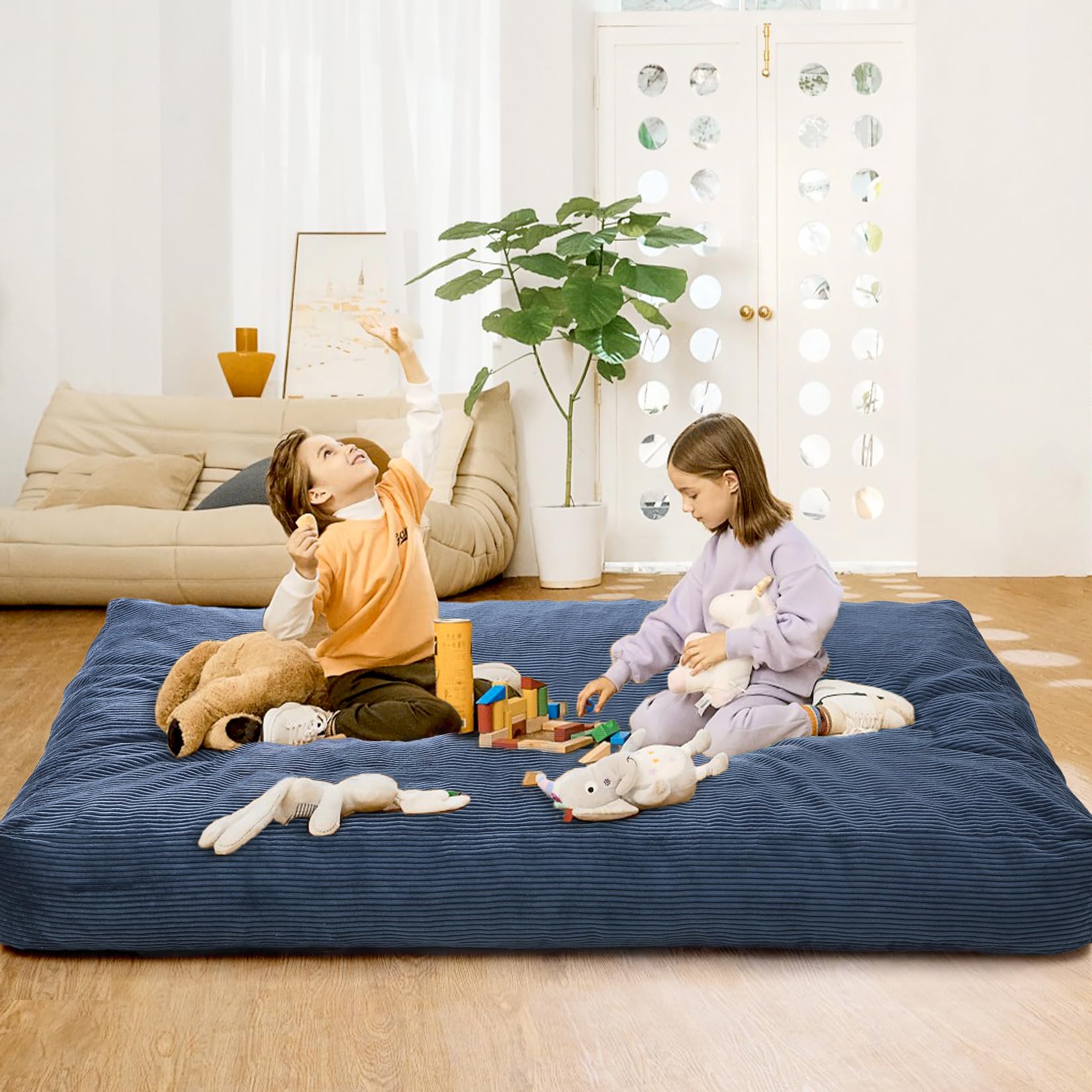 Poltrona a bag Garvee, funzione 2 in 1, con imbottitura in schiuma, rivestimento in velluto a coste, blu navy, per soggiorno e camera da letto, grande, comoda