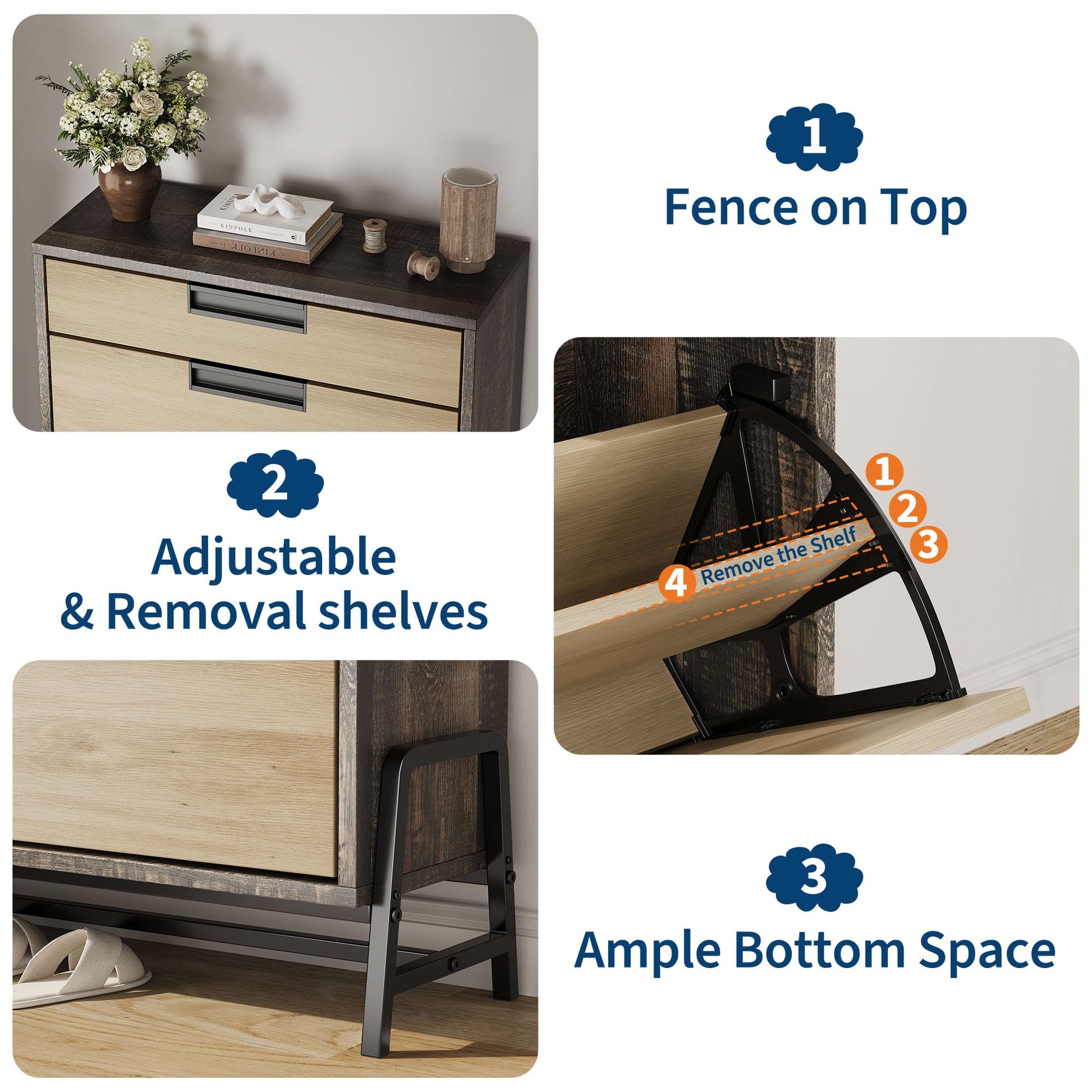 Garvee Scarpiera con 2 cassetti pieghevoli, 1 cassetto, legno, gambe in metallo, stretta per corridoio e soggiorno