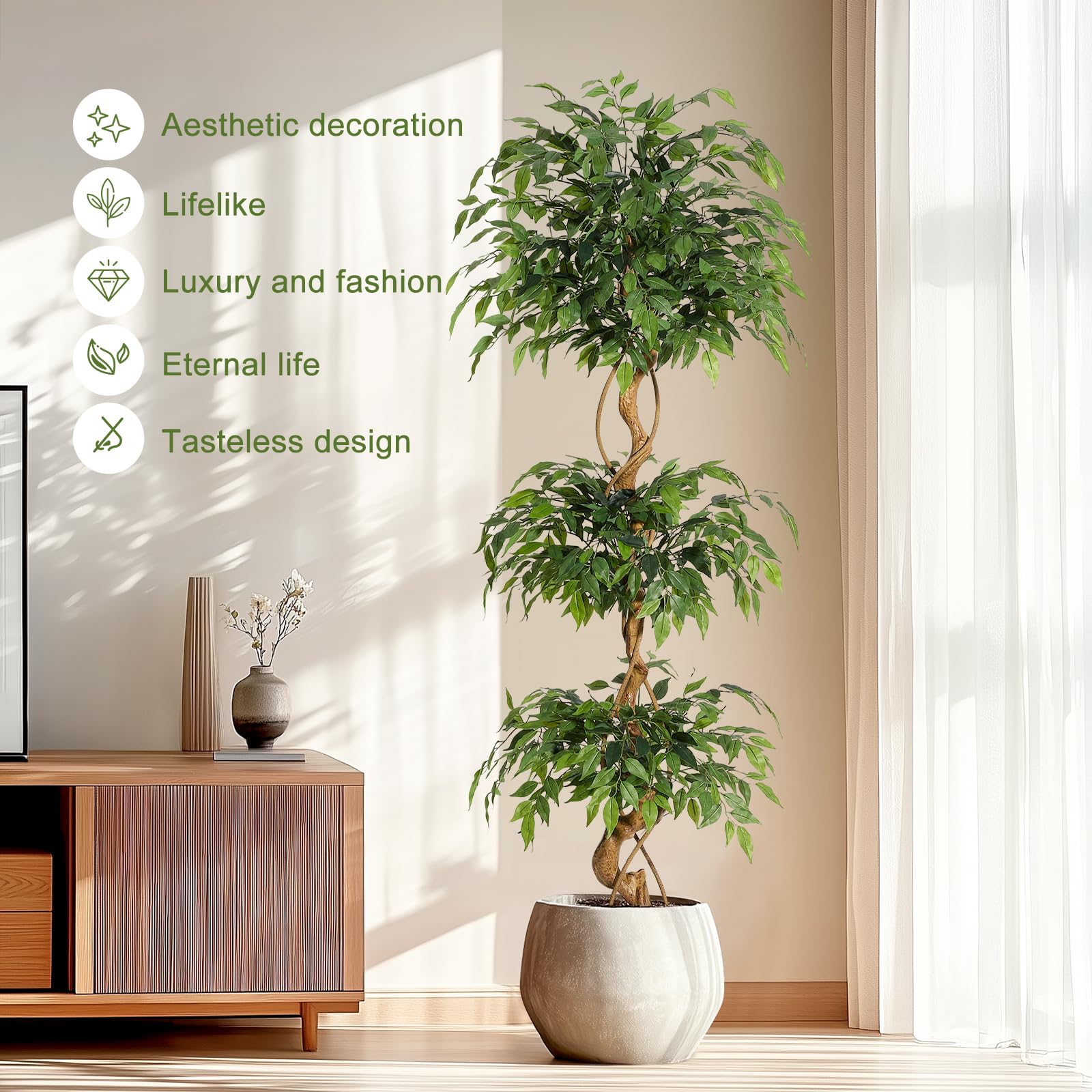 Albero artificiale Garvee Ficus da 6 piedi con tronco curvo, foglie di seta realistiche, vaso bianco per ufficio e soggiorno