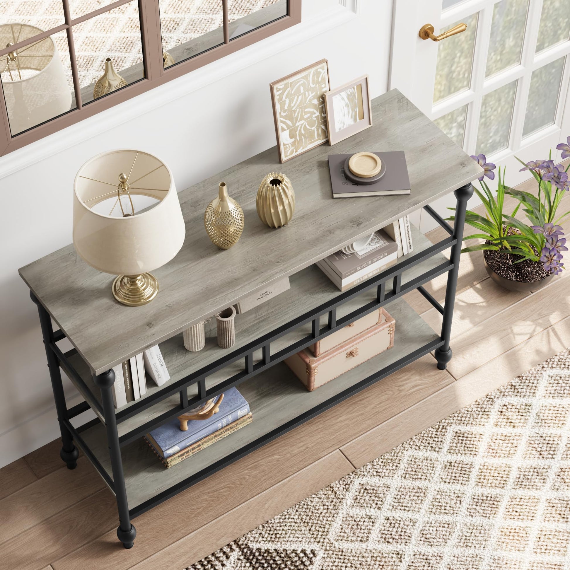 Garvee Tavolo Consolle 43" 3 Ripiani Vintage Design Robusto Metallo Legno MDF Regolabile Ingresso Corridoio Naturale