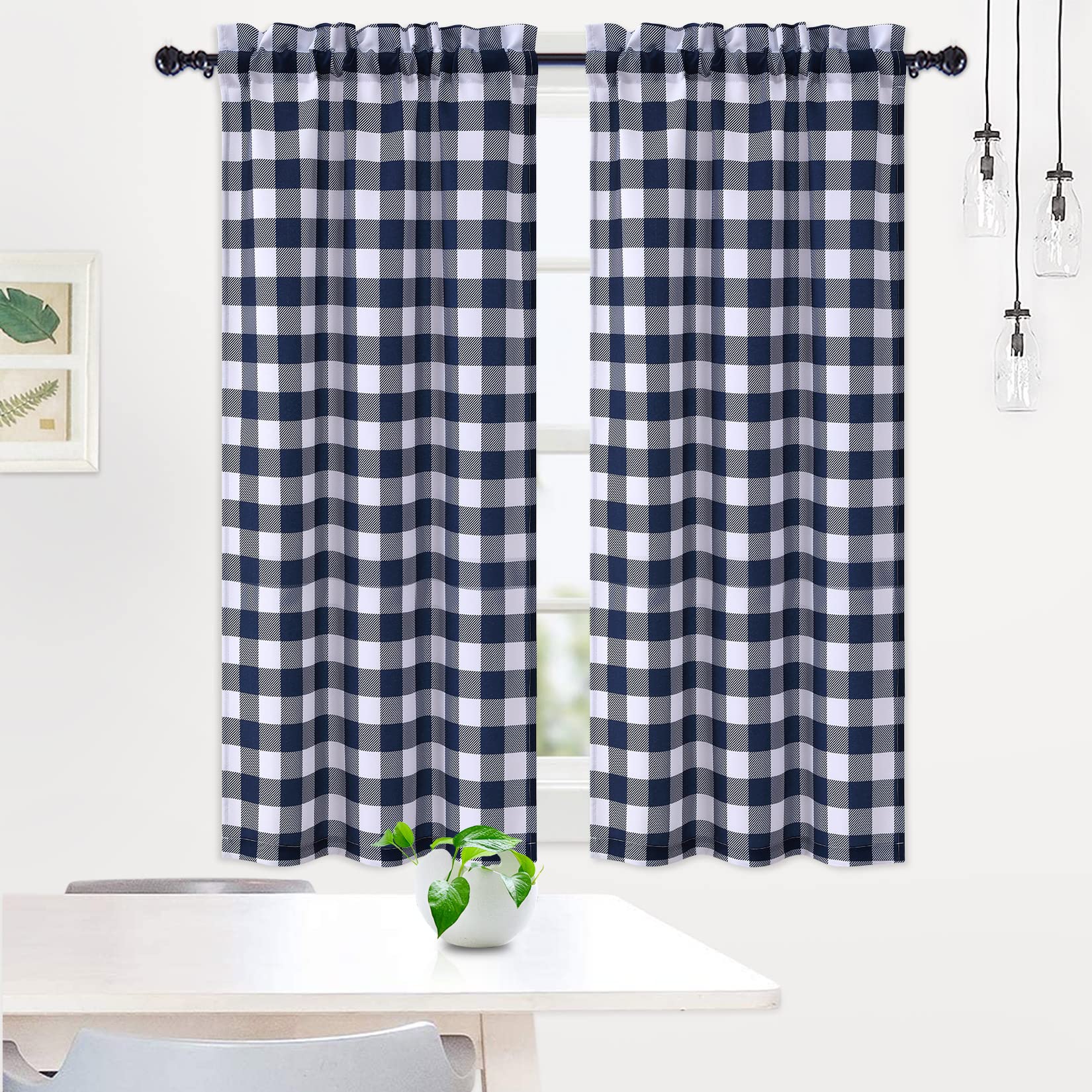 GARVEE Tende da cucina impermeabili con motivo a quadri Buffalo, 2 pannelli, 28x45 pollici, blu navy, per cucina e soggiorno