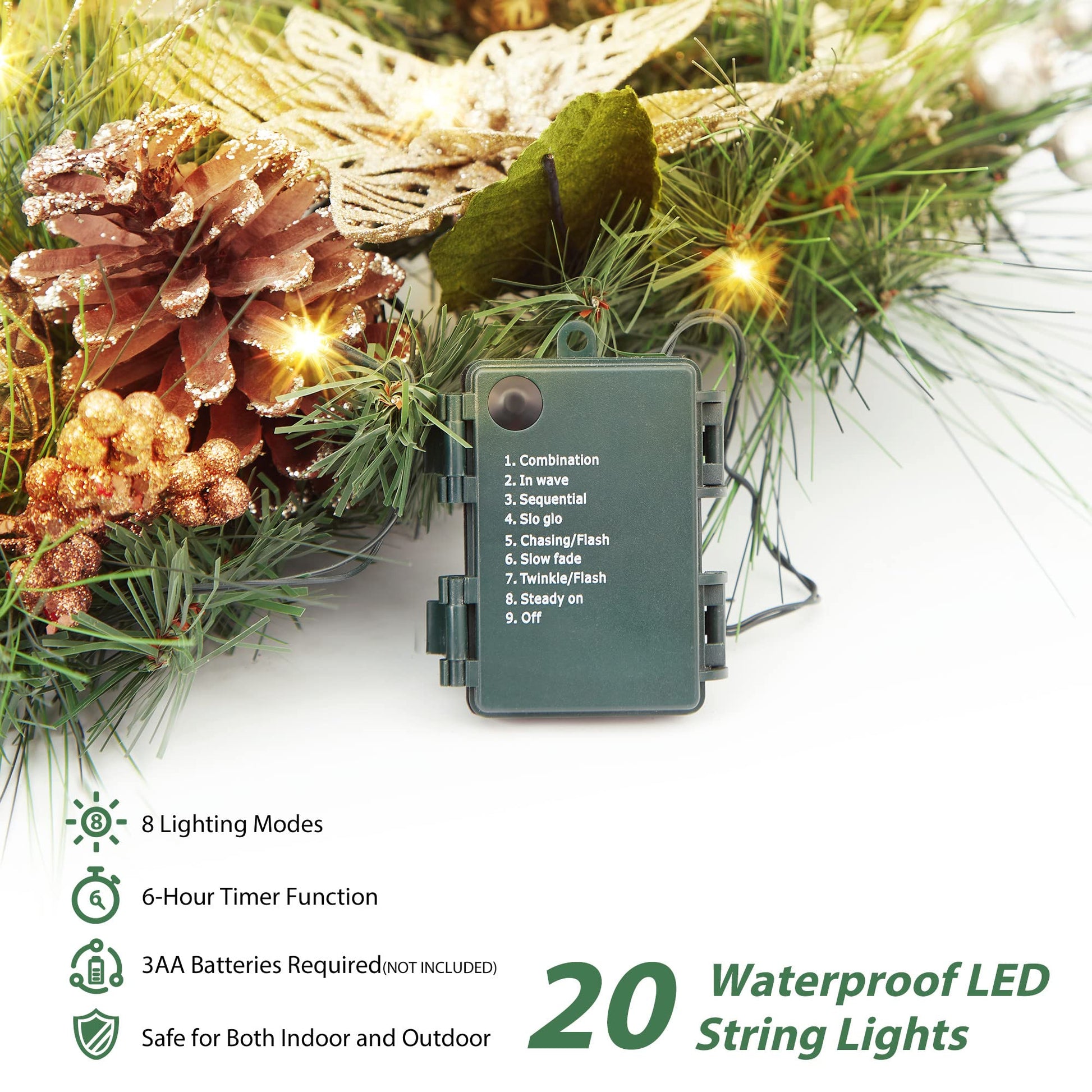 Ghirlanda natalizia dorata Garvee da 24 pollici illuminata con 20 luci LED per porte e finestre, marrone