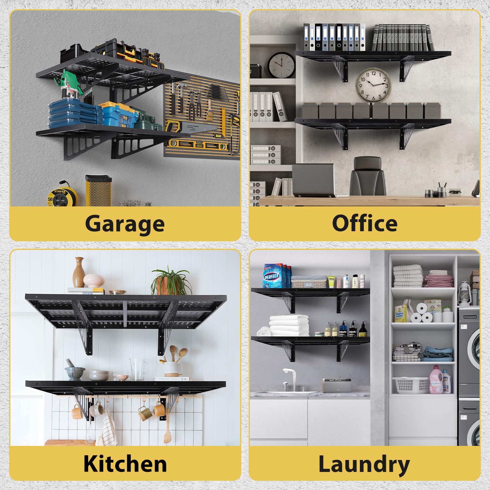 Scaffali da parete per garage Garvee, confezione da 2, resistenti, 2 x 3 piedi, in acciaio, montati a parete, per officina e garage, capacità di carico di 560 libbre, neri
