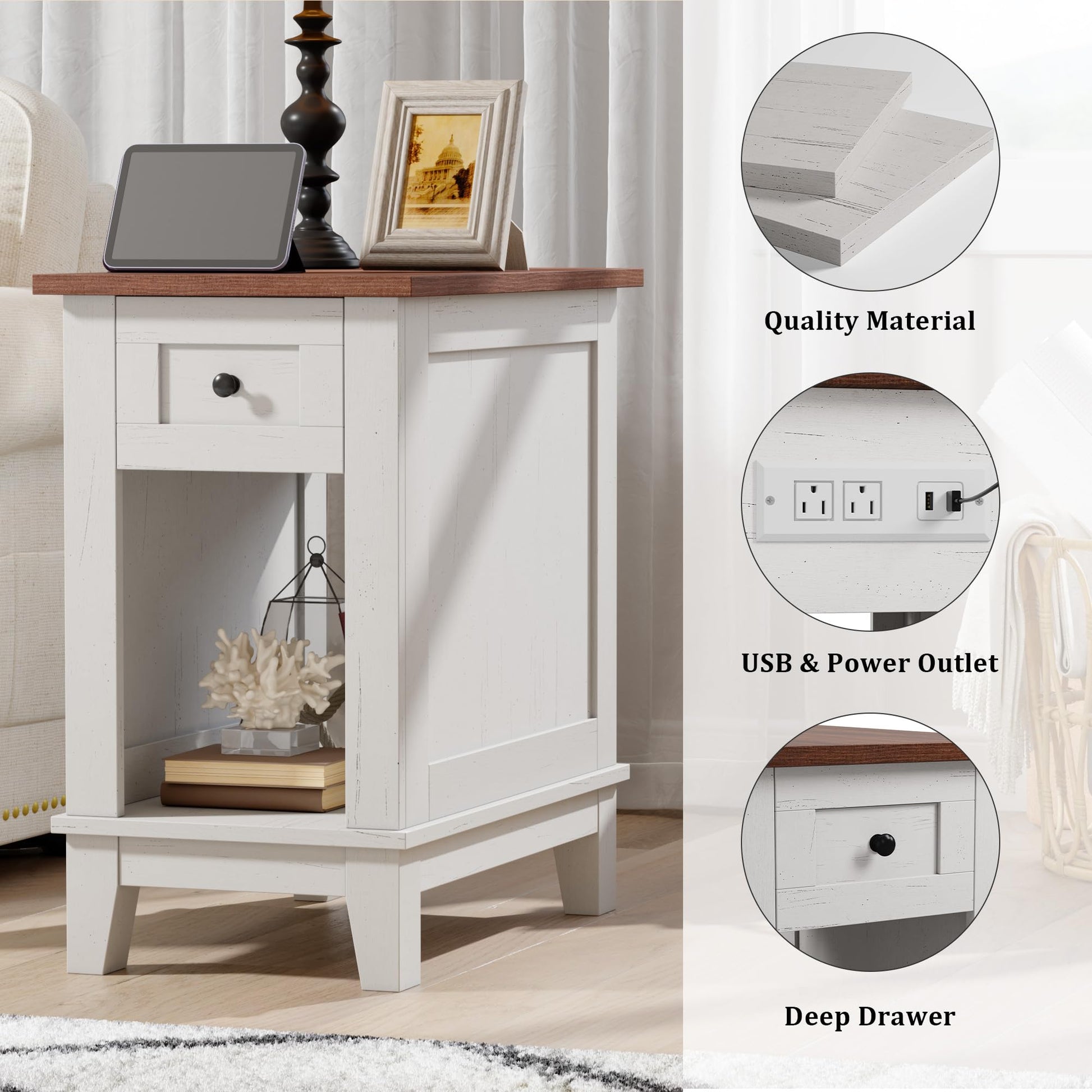 Tavolino laterale stretto Garvee con stazione di ricarica, 2 porte USB e 2 porte CA, in legno MDF per soggiorno e camera da letto, robusto, spazio di archiviazione, colori del legno