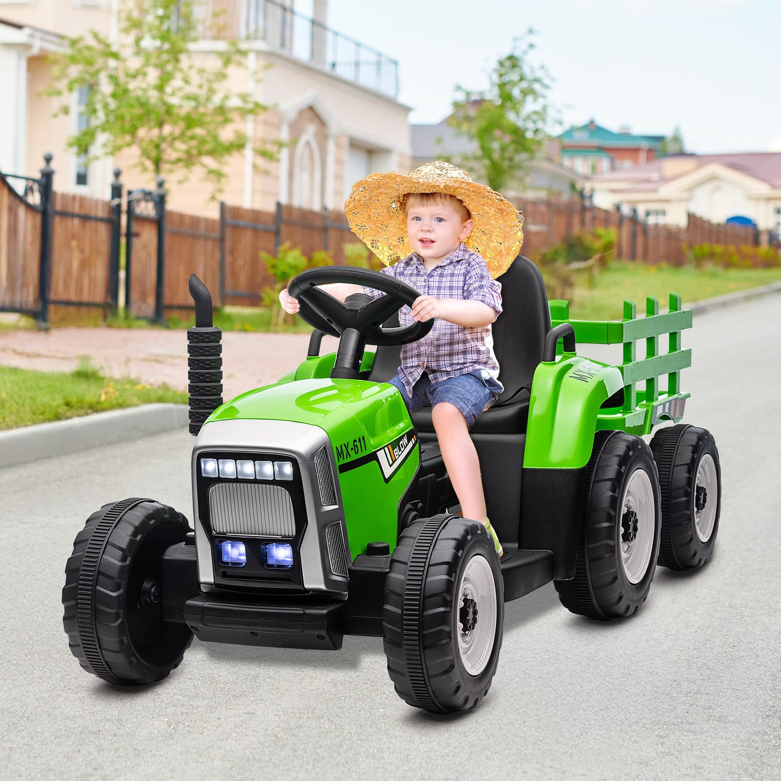 Trattore elettrico Garvee a batteria, giocattolo per bambini, verde, con struttura sicura per i bambini e ruote robuste, per divertirsi dai 3 anni in su, sia all'interno che all'esterno.