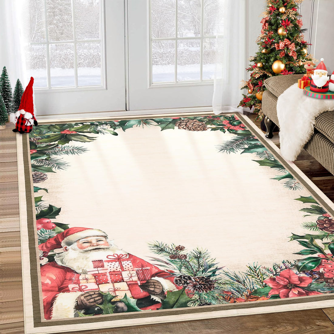Tappeto natalizio lavabile Garvee con motivo di Babbo Natale per soggiorno, camera da letto, cucina, 200x290 cm, rosso