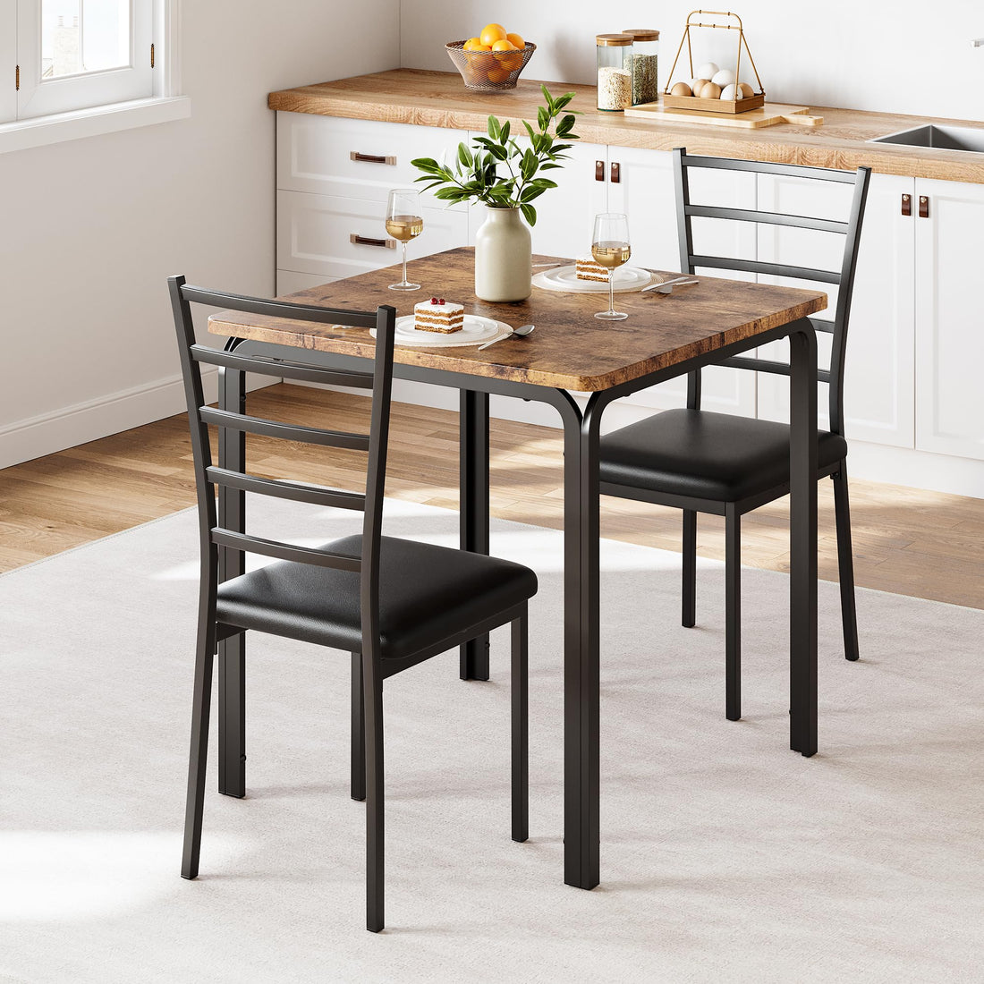 Set da pranzo Garvee da 3 pezzi per 2 persone con sedie imbottite, MDF e metallo, salvaspazio per cucina e ufficio, design moderno, robusto, nero