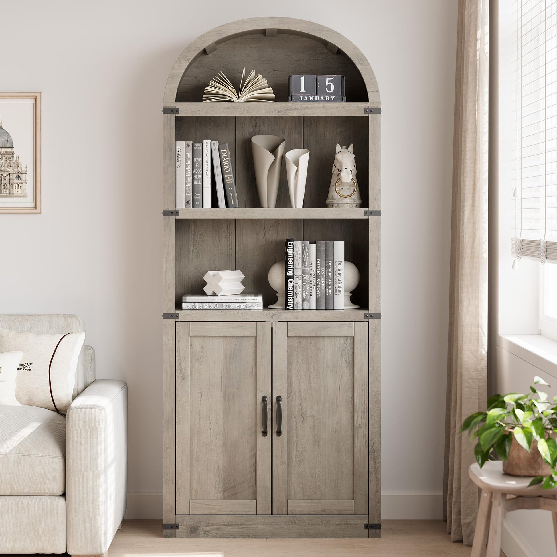 Libreria Garvee con ante, stile rustico, in legno MDF, protezioni angolari in metallo, per soggiorno e ufficio, altezza 71,65 pollici, colore naturale