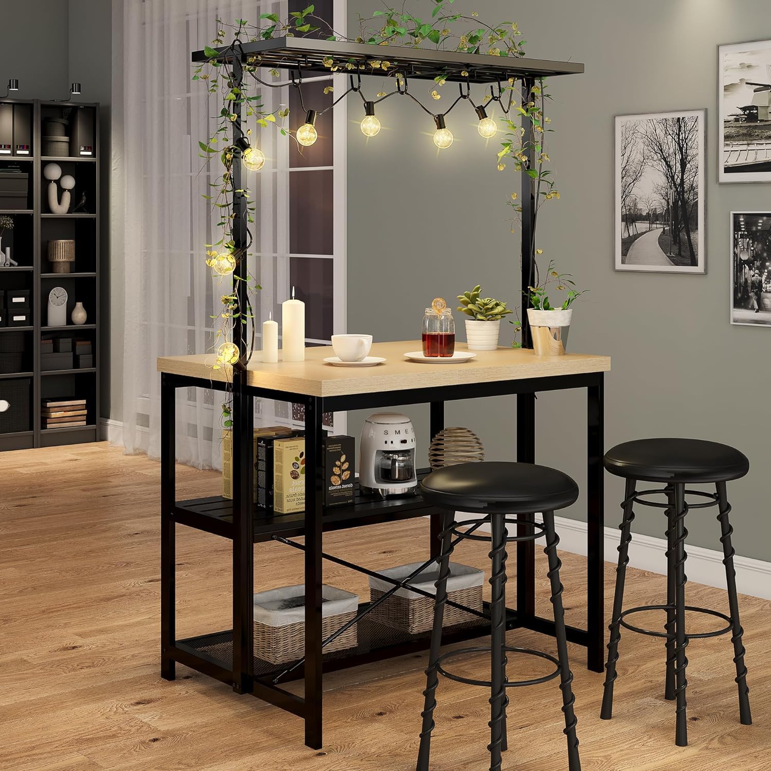 Scaffale da cucina Garvee Kitchen Island con 3 ripiani, 5 ganci, legno massello e metallo, supporto per microonde, 43,7x27,9x72 cm, sala da pranzo e soggiorno