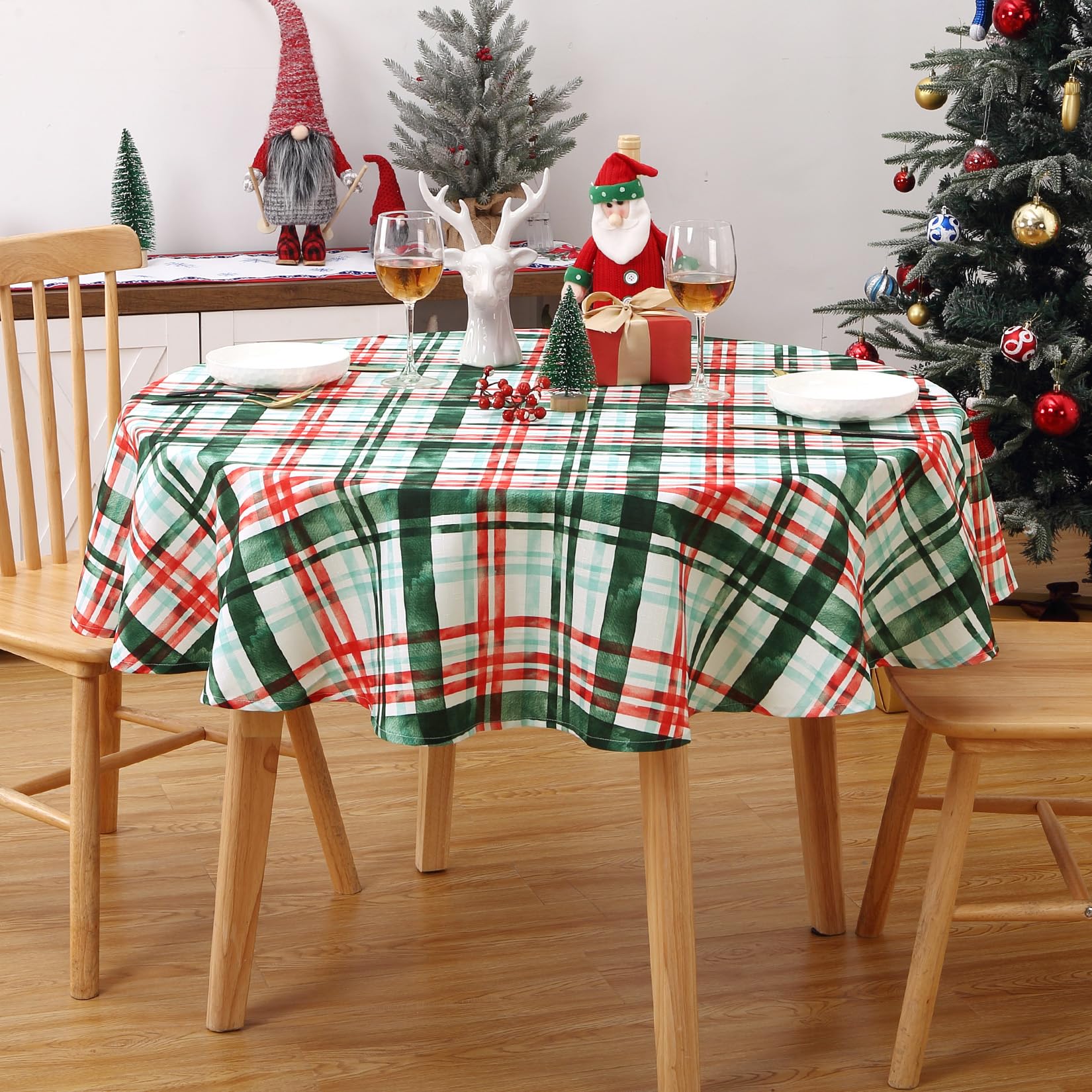 Tovaglia natalizia rotonda GARVEE, impermeabile, lavabile, a quadri rosso-verde, 152 cm, sala da pranzo, festiva