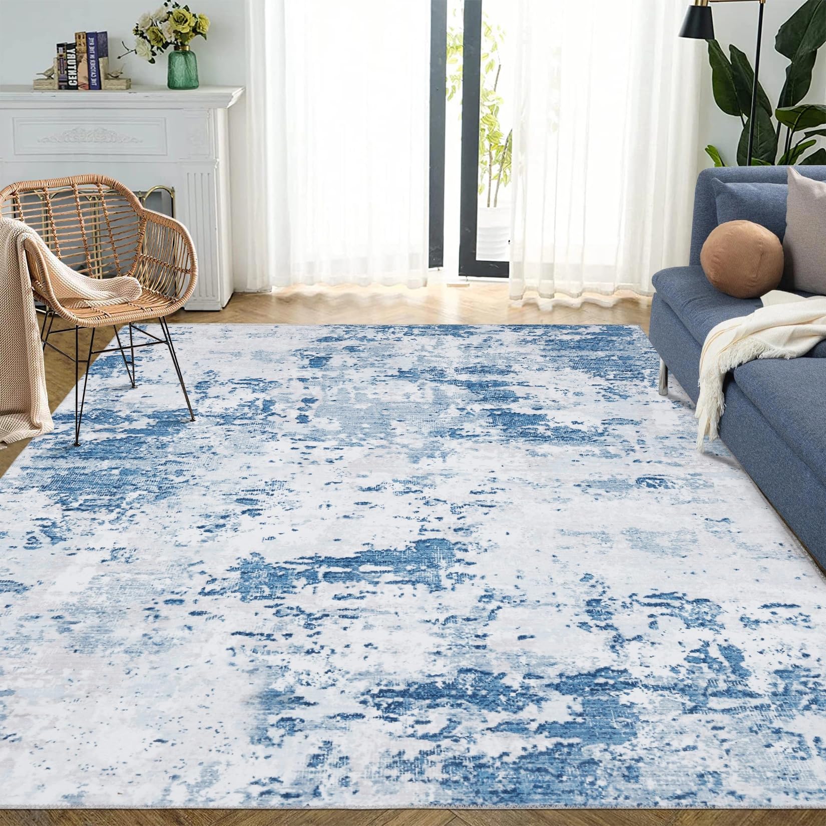 Tappeto moderno astratto Garvee 160x230cm, lavabile, per soggiorno e camera da letto, blu, a pelo corto, antiscivolo, pieghevole