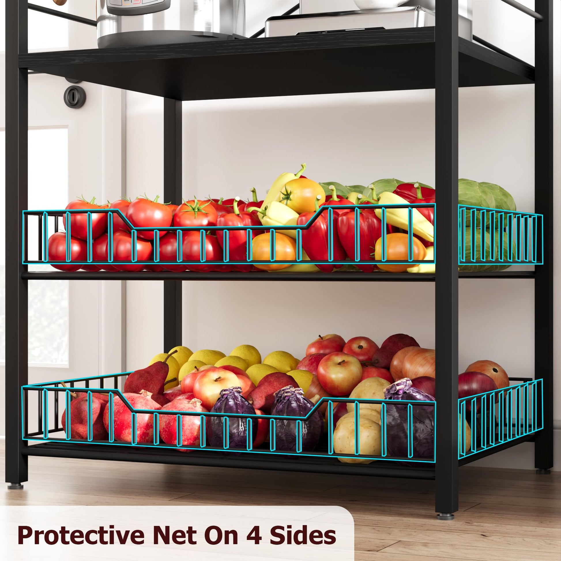 Scaffale da cucina Garvee Bakers Rack con 5 ripiani, 2 cestelli in filo metallico, 8 ganci, robusto MDF e acciaio, nero rustico, versatile per cucina e bar