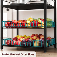 Scaffale da cucina Garvee Bakers Rack con 5 ripiani, 2 cestelli in filo metallico, 8 ganci, robusto MDF e acciaio, nero rustico, versatile per cucina e bar